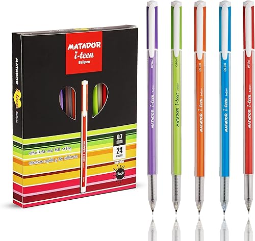 Matador i-teen - Bolígrafo de punta fina (0.028 in), tinta negra, un diseño elegante y encantador, ofrece líneas fuertes y vívidas, 24 unidades