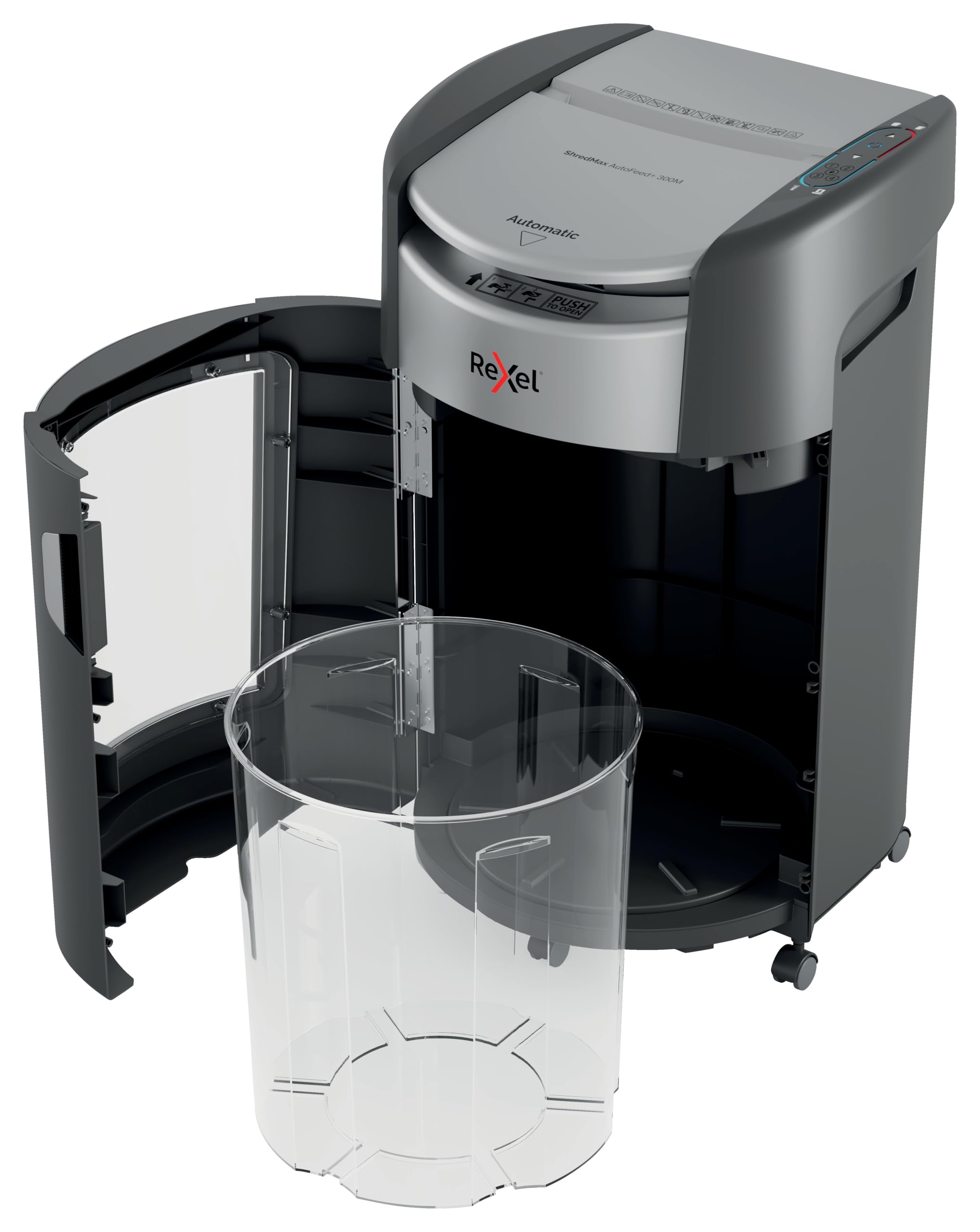 Rexel ShredMax AutoFeed+ 300M niszczarka mikrościnek P5, 300 kartek | Biuro i praca w domu, ochrona RODO, Bin Rotation, <55 dBA, 60 min pracy ciągłej, pojemnik 25 l, kółka, A4