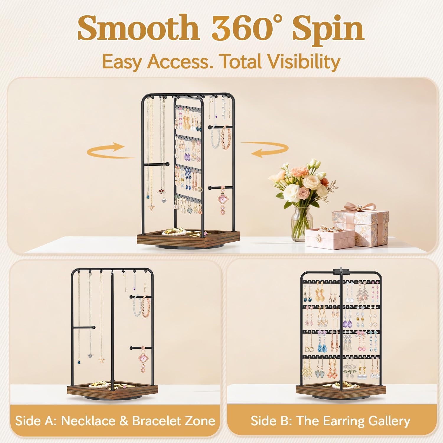 MODOWEY Earring Necklace Holder Organizer Jewelry Stand, Wood Rotating Display Tree for Vendor Selling, Tiered Tower Rack for Pierced Stud Bracelet 90+ Pieces Storage, Easy Access for Women, Black - Image 3