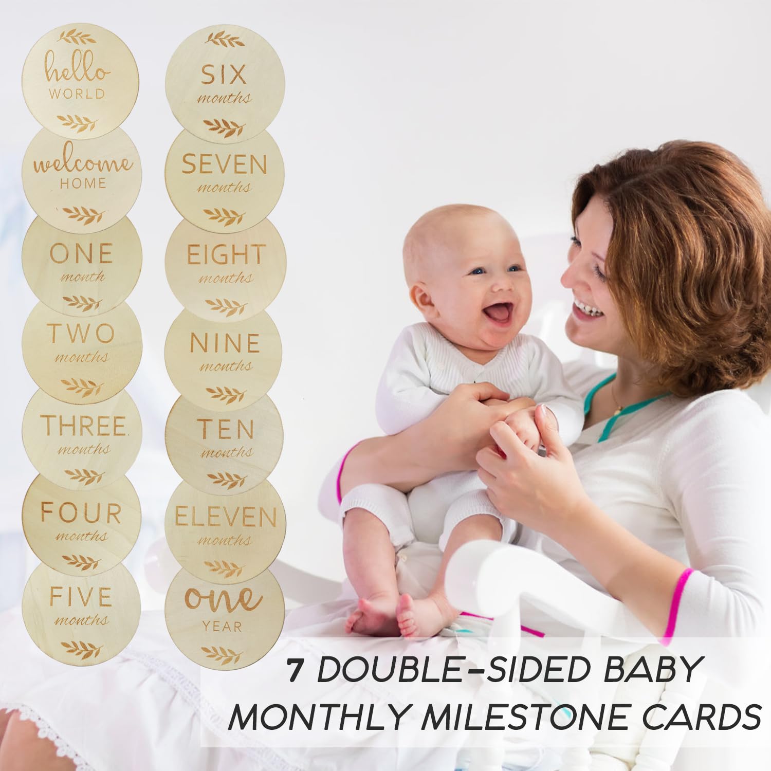 Baby Monthly Milestone Markers, 7 Pcs Wooden Double-Sided Printing Baby Announcement Sign, Wooden Discs for Baby Girl Boy babycard1