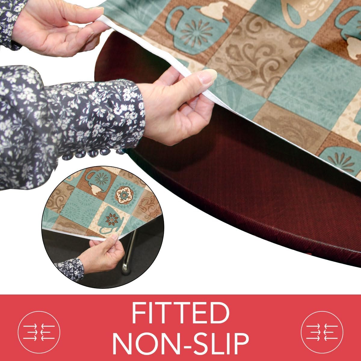 Covers For The Home Deluxe Elastic Edged Flannel Backed Vinyl Fitted Table Cover - Global Coffee Pattern - Extra Large Round Oblong Oval - Fits Tables up to 57" - 65"