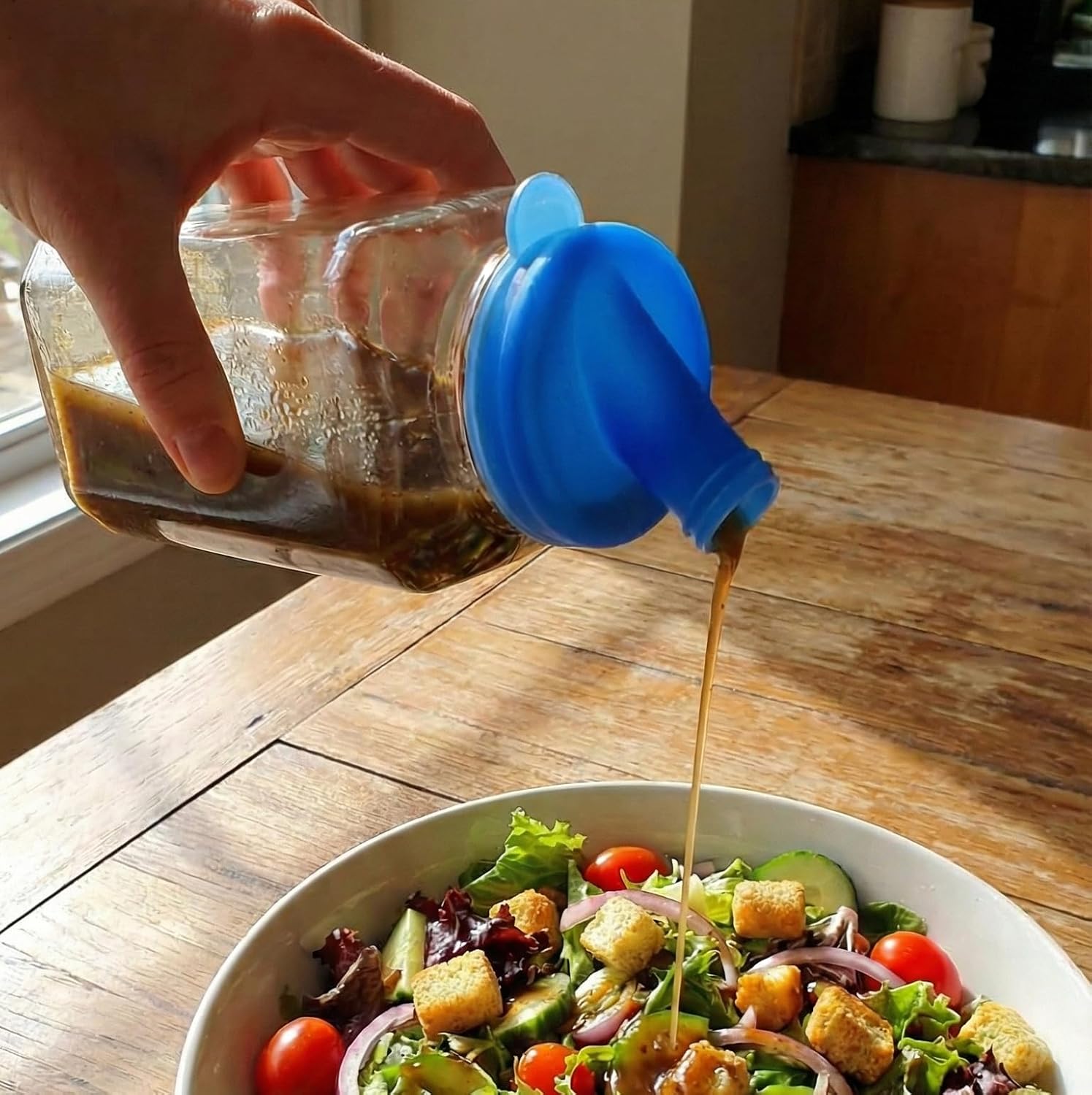 kitchentoolz Salad Dressing Container Glass Bottles – 16oz Glass Salad Dressing Shaker Bottle 4-Pack with Non-Metal Silicone Lids for Dressings, Marinades, Sauce