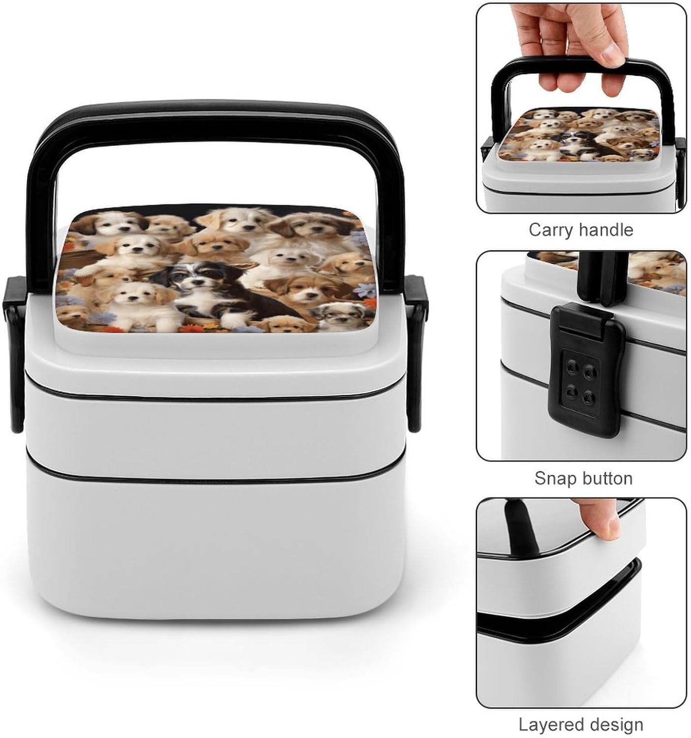 Bento Box with Spoon And Handle Cute Pet Dogs Printed Stackable Bento Box Portable Bento Lunch Box Container for Work Camping And Travel