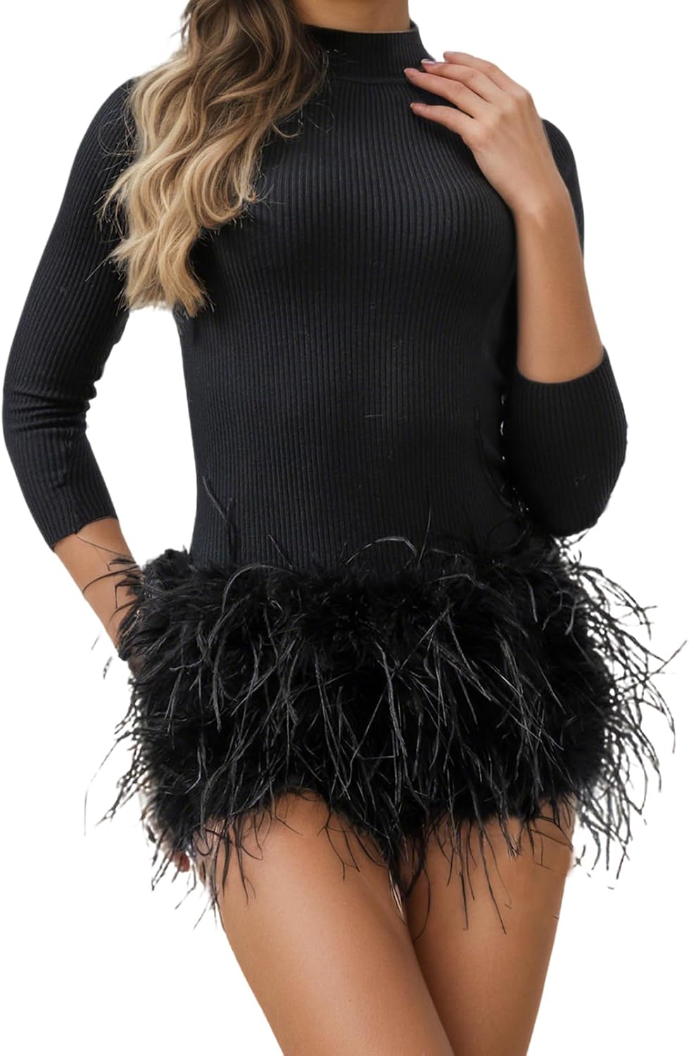 LVCOMEFF Women Ostrich Feather Shorts Mini Hot Pants Fluffy Shorts Booty Dance Festival Bottoms (Black)