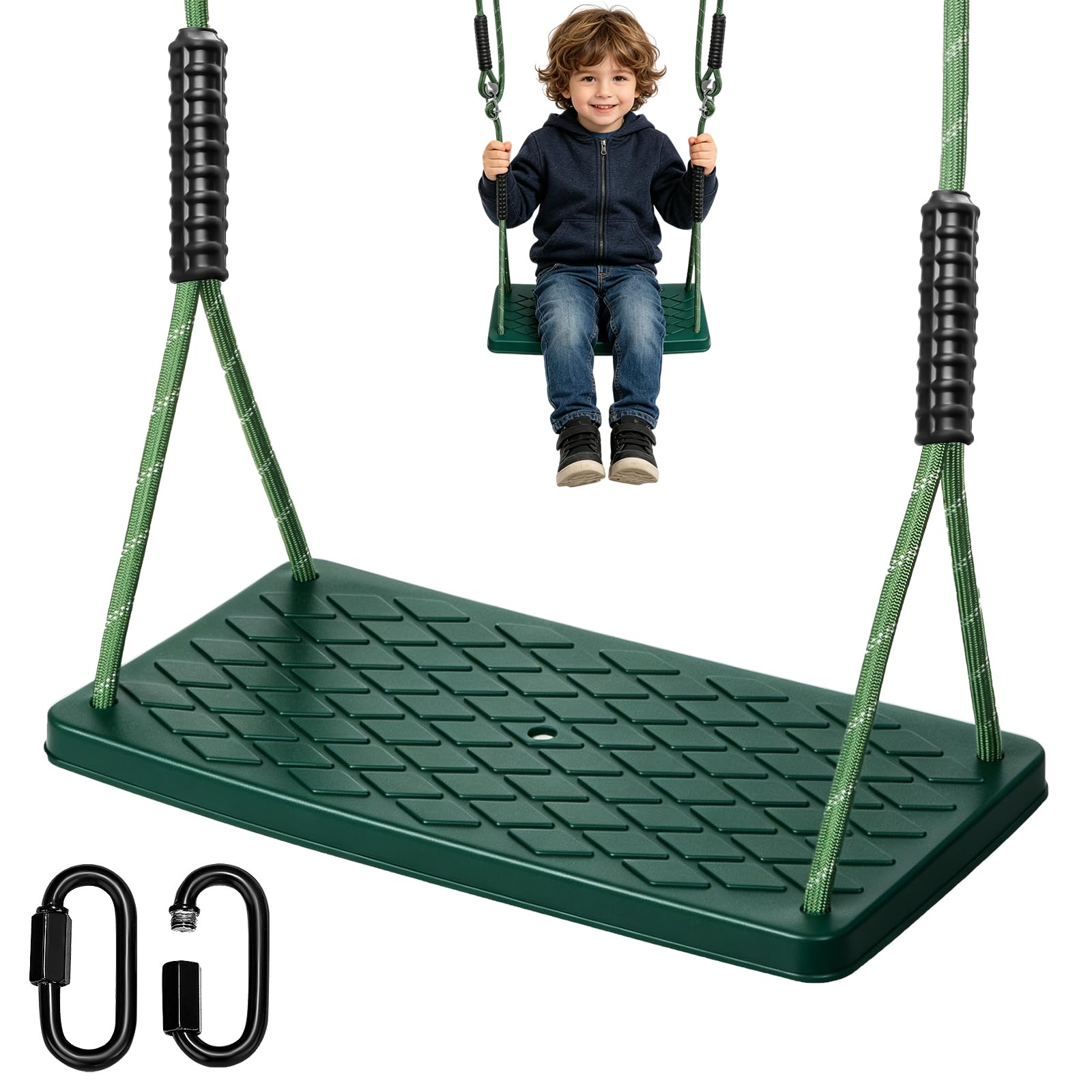 Schaukel Garden,Outdoor-Baumschaukel Rutschfestem Weichgummi Schaukelsitz mit verstellbaren Seil und 2 Karabinern Indoor Outdoor Spielplätze Gärten Schaukel für Jugendliche/Erwachsene, Grün/270 kg