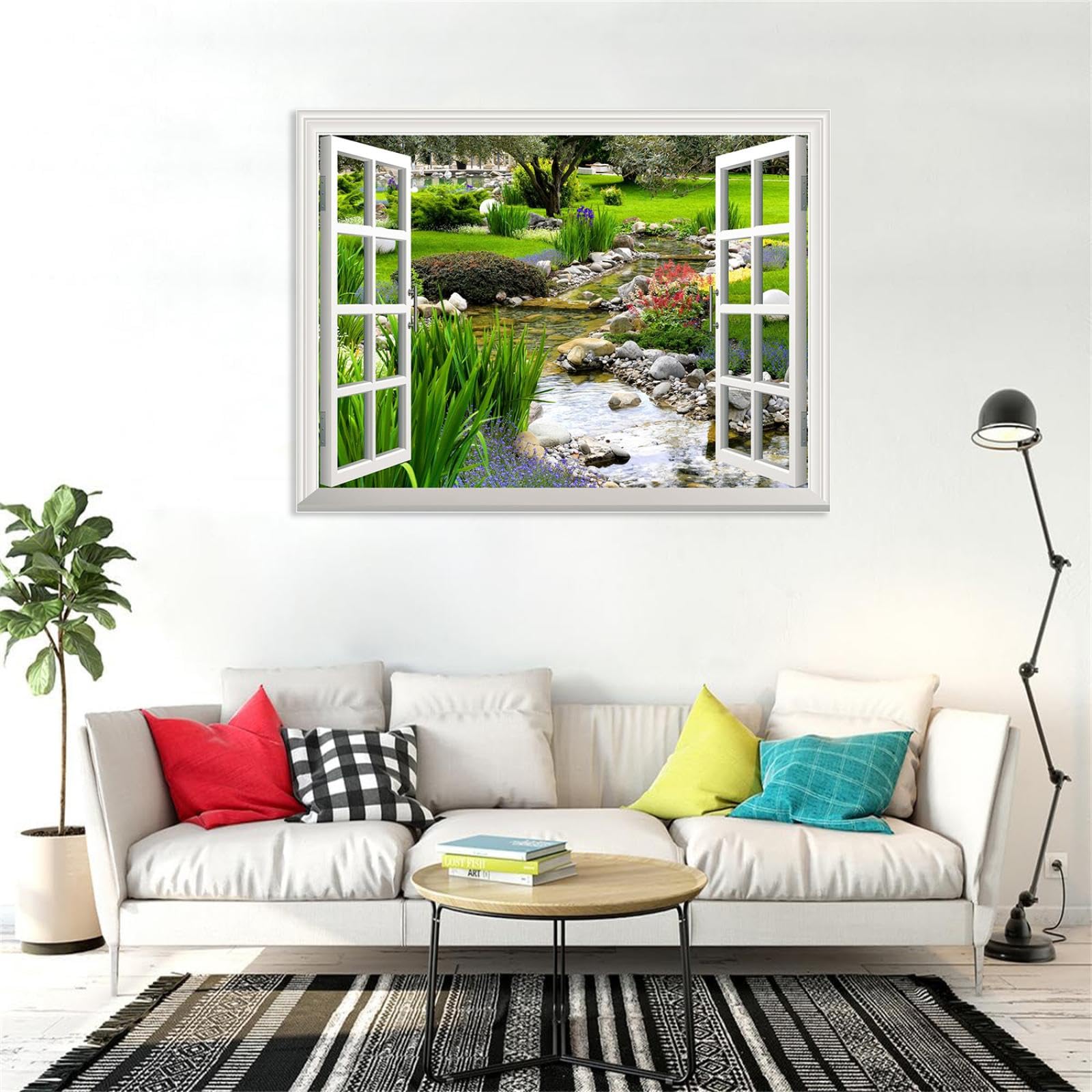 MOBYAT Gefälschte Fensterbilder,Wandbild,klarer Frühling und grünes Gras aus dem offenen Fenster,kreative Wanddekoration,105 x 70 cm (41 x 28 Zoll) Innenrahmen