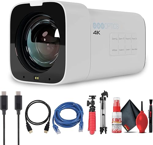 PTZOptics Cámara Studio 4K (blanco) | Zoom óptico de 12x | UHD60 | NDI | HX2 | Transmisión SRT | Cámara PTZ Pro para eventos + trípode + cable HDMI