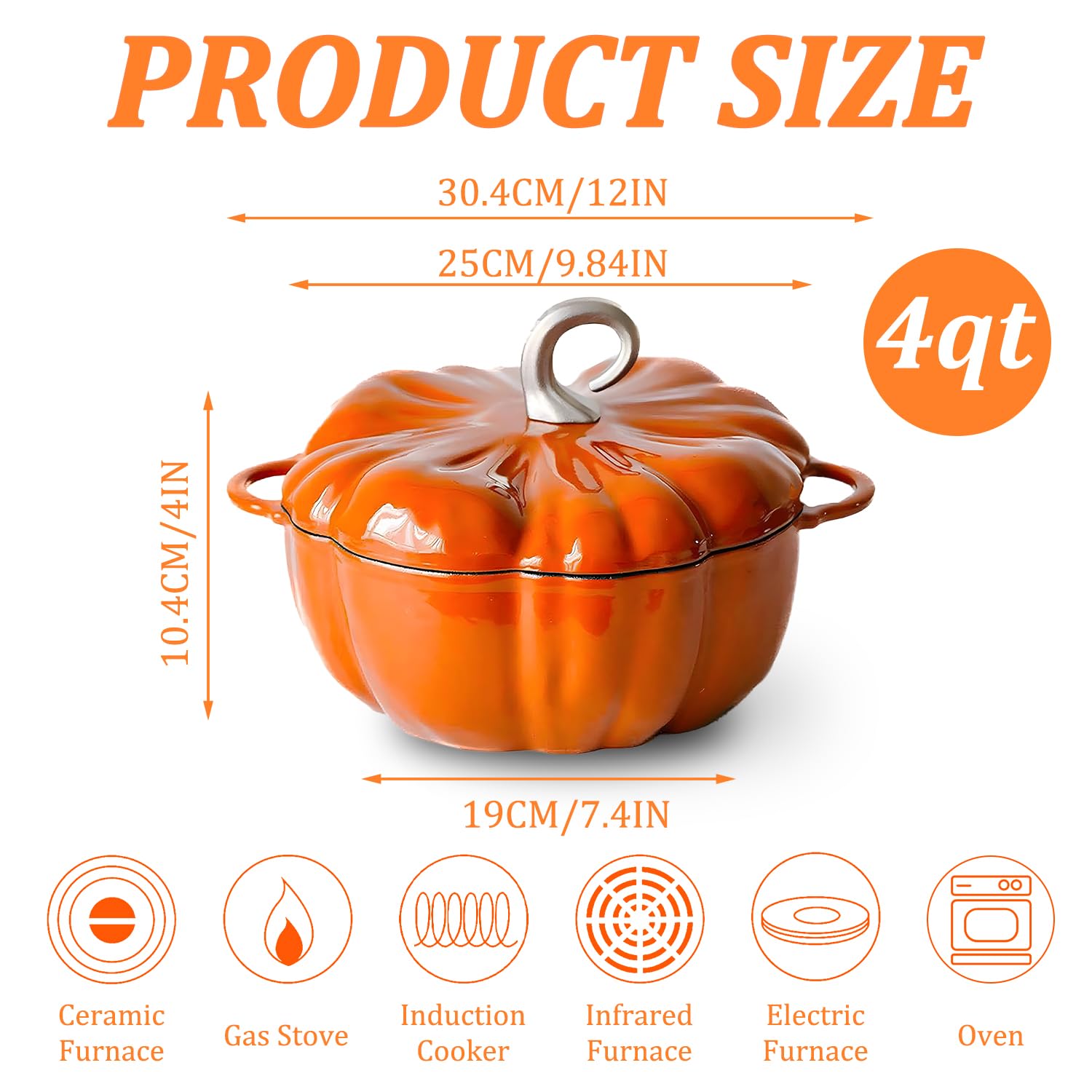 Pumpkin Cast Iron Dutch Oven, 4qt Pumpkin-Shaped Cocotte, Enamel Cast Iron Cooking Pot with Lid, Soup Pot - Serves 3-5, Christmas Thanksgiving Decor Gift, for Various Stoves