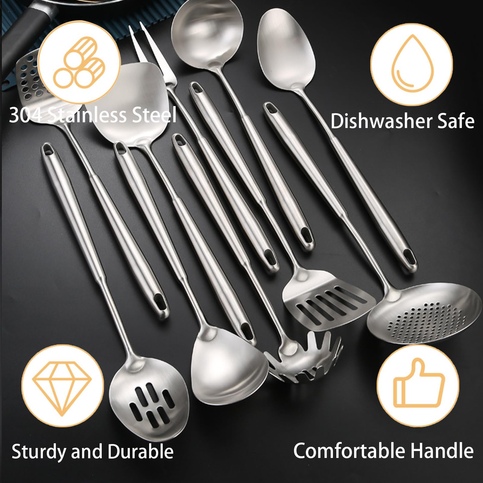 Lot de 10 ustensiles de cuisine en acier inoxydable - Presse-purée - Cuillère solide fendue - Fourchette - Spatule - Louche - Cuillère à fente - Spatule à fente - Cuillère à spaghetti - Grande