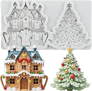 Lingzhi Christmas House Fondant Molds 3D Xmas Tree Silicone Mold for Cake Decoration Cupcake Topper Chocolate Candy Sugar Gum Paste Polymer Clay