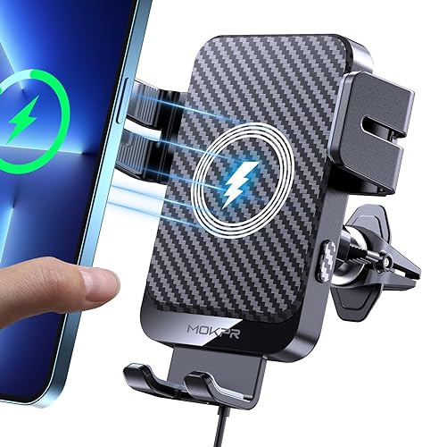 Wireless Car Charger, MOKPR 15W Fast Charging Auto-Clamping Car Charger Phone Mount Air Vent Cell Phone Holder Compatible iPhone 16/15/14/13/13