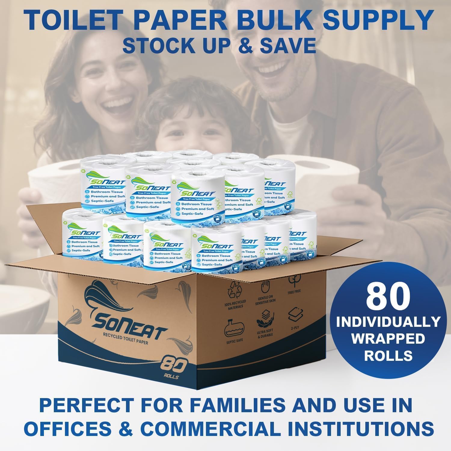 2-Ply Toilet Paper Bulk | Septic safe toilet paper | 40,000 Soft Sheets | 80 Rolls x 500 Sheets Each | Recycled Fiber & Strong Bath Tissue Mega Pack for Home & Commercial Use