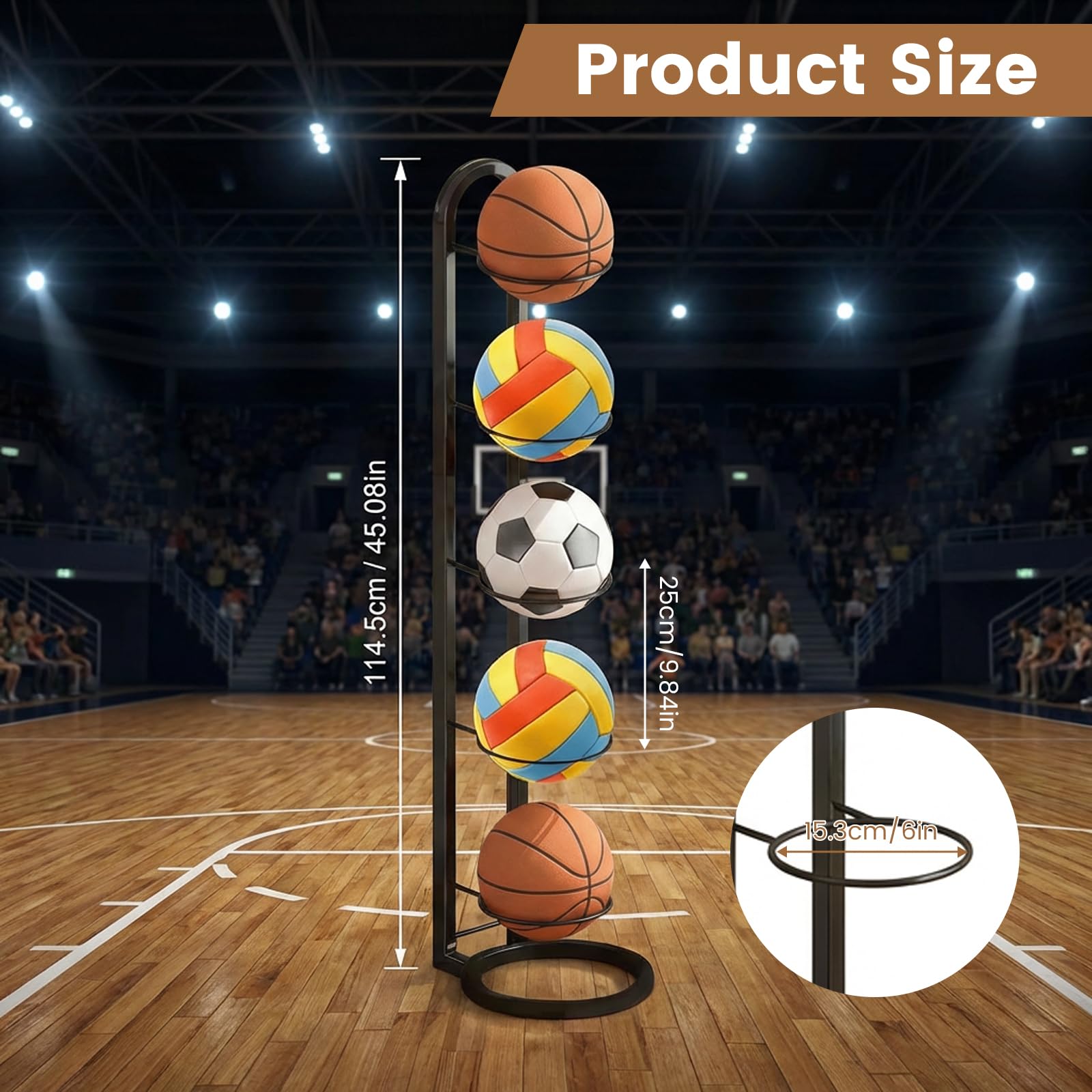 5 Stufiger Ballständer, Ballregal Abnehmbare, Vertical Ball Aufbewahrung, Ballaufbewahrungsregal Ballhalter aus Metall, Ballregal Sportgeräte Organizer Stabil für Basketball Fußball Volleyball