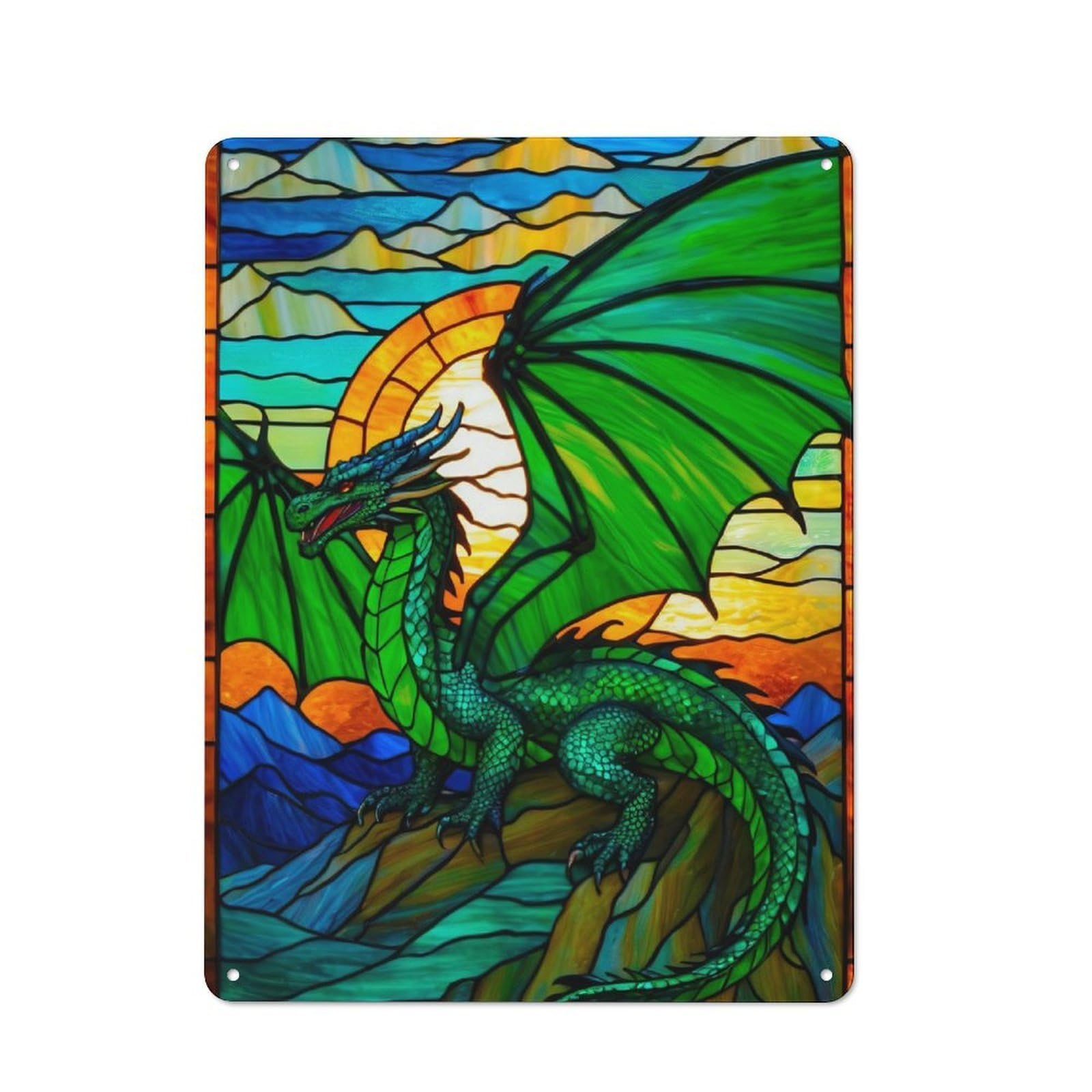 Junmoney Stained Glass Dragon 40X30cm Retro Metal Sign With For Café Or Restaurant, For Collectors Decorating Cafés And Restaurants