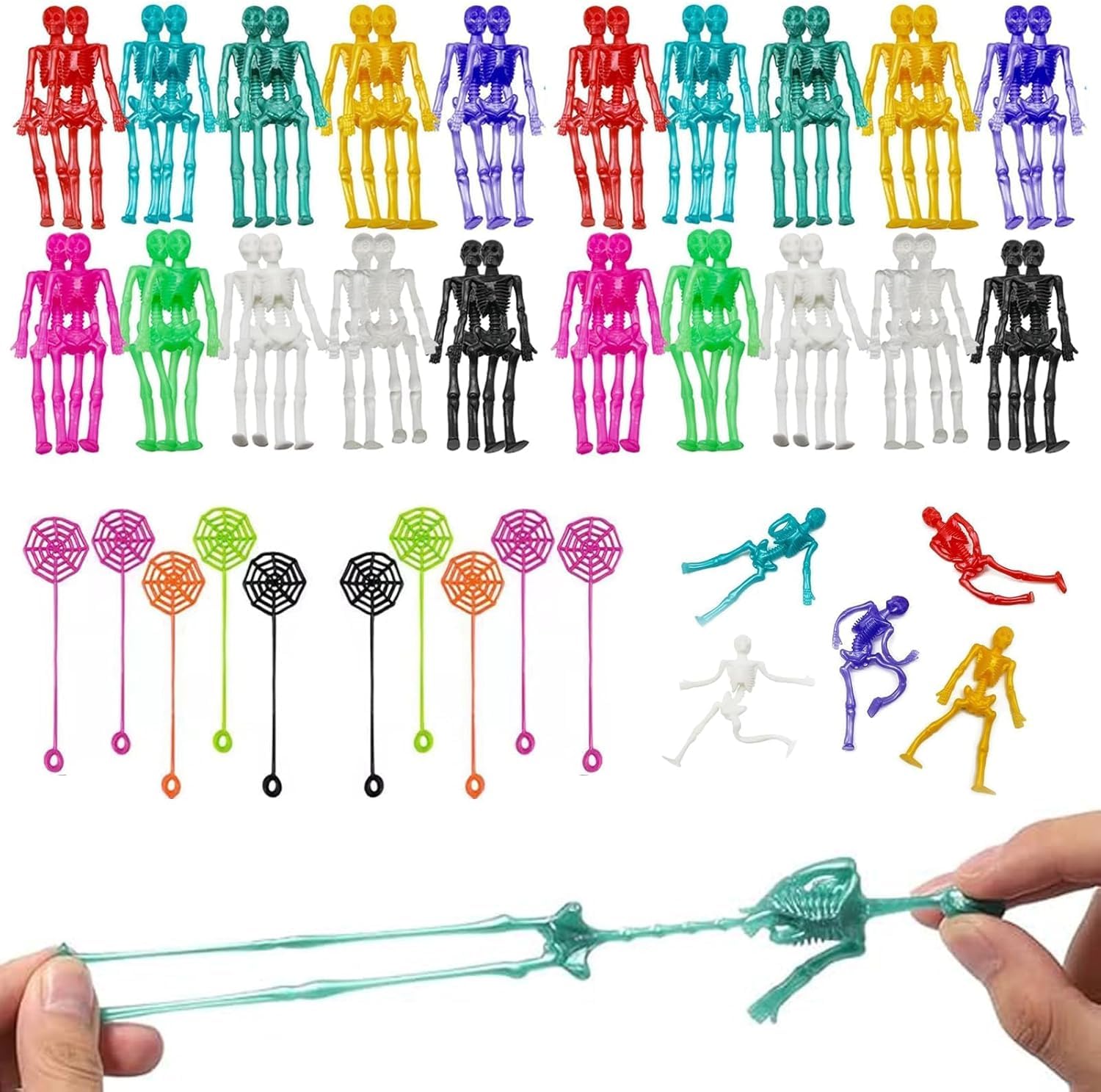 WsiQxuc Halloween Party Bag Fillers - 50pcs Stretchy Toys (40 Skeleton, 10 Spider Webs) for Trick or Treat