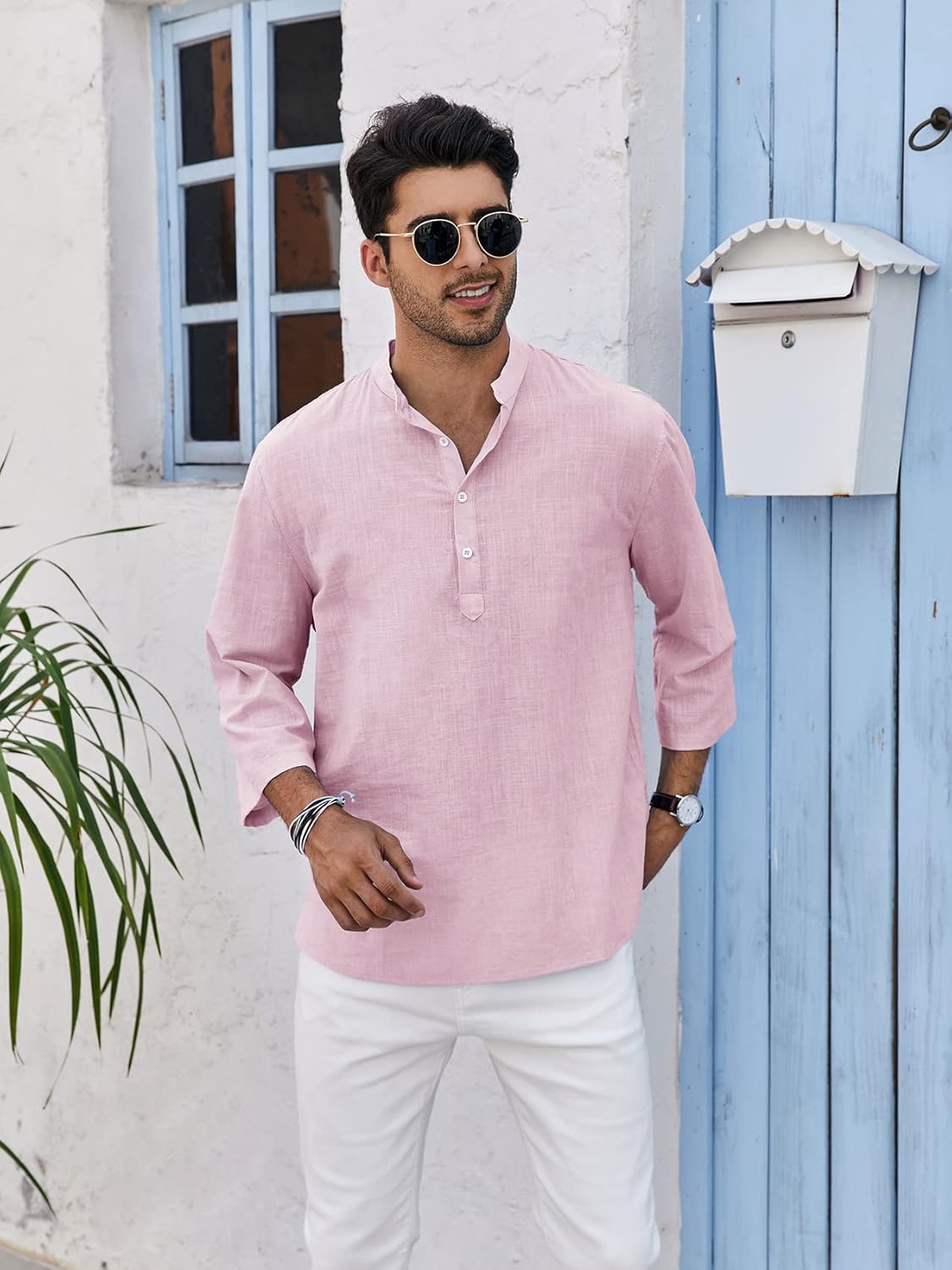 Mens Linen Cotton Henley Shirts Lightweight Button Up Casual Tees 3/4 Sleeve Beach Plain Pullover V Neck Summer Tops - Image 2