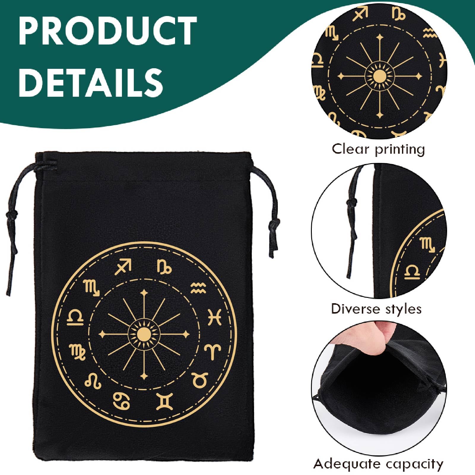 CREATCABIN 2Pcs Tarot Cards Bags Velvet Drawstrings Bags Dice Tarot Cards Holder Pouches Black Constellation Tarot Jewelry Storage Bag Wrap for Enthusiasts Crystals Dices Witchcraft 5x7Inch - Image 3