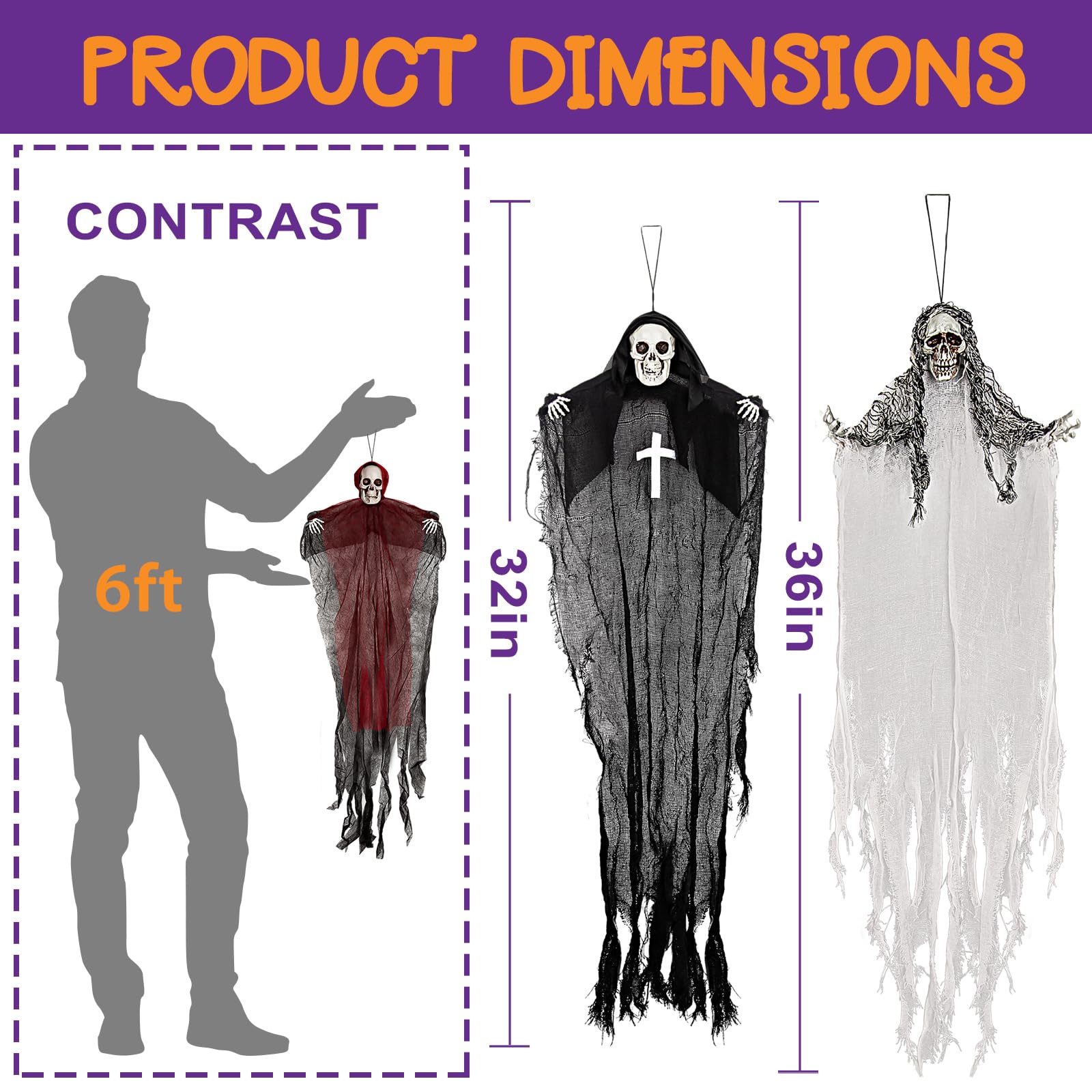 Fantasmas de esqueleto colgantes de Halloween (paquete de 3), uno de 36 pulgadas y dos de 32 pulgadas, fantasmas voladores para decoración de casa encantada, decoraciones de Halloween para