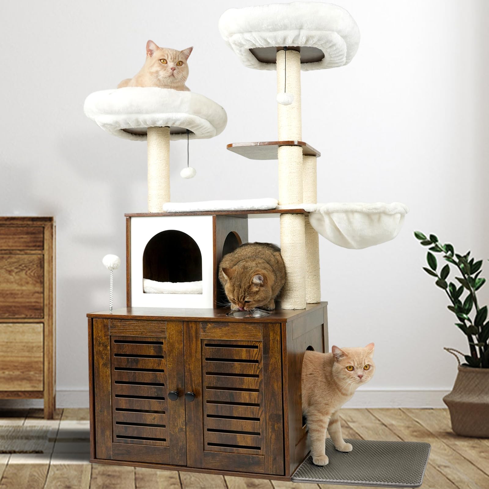 HONCET Cat Tree with Litter Box Enclosure, 52-inch Modern Cat Tree, Litter Box Furniture with Cat Condo & Scratching Post, 2 Large Platforms, Litter Pad, Rustic Brown.