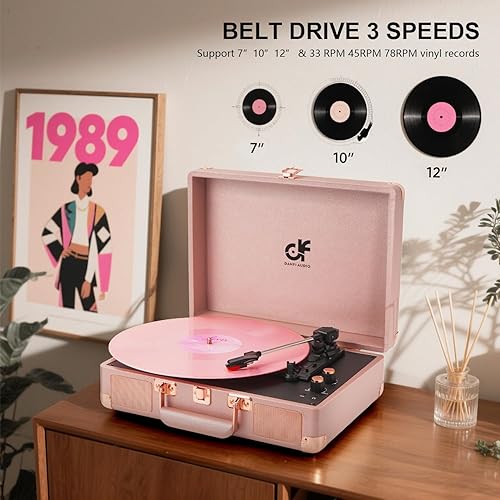 Miniatura 4 de Tocadiscos de Vinilo de 3 Velocidades Portátil Estilo Maleta con Altavoces Incorporados, Conector para Auriculares, Salida RCA/Entrada AUX, Oro