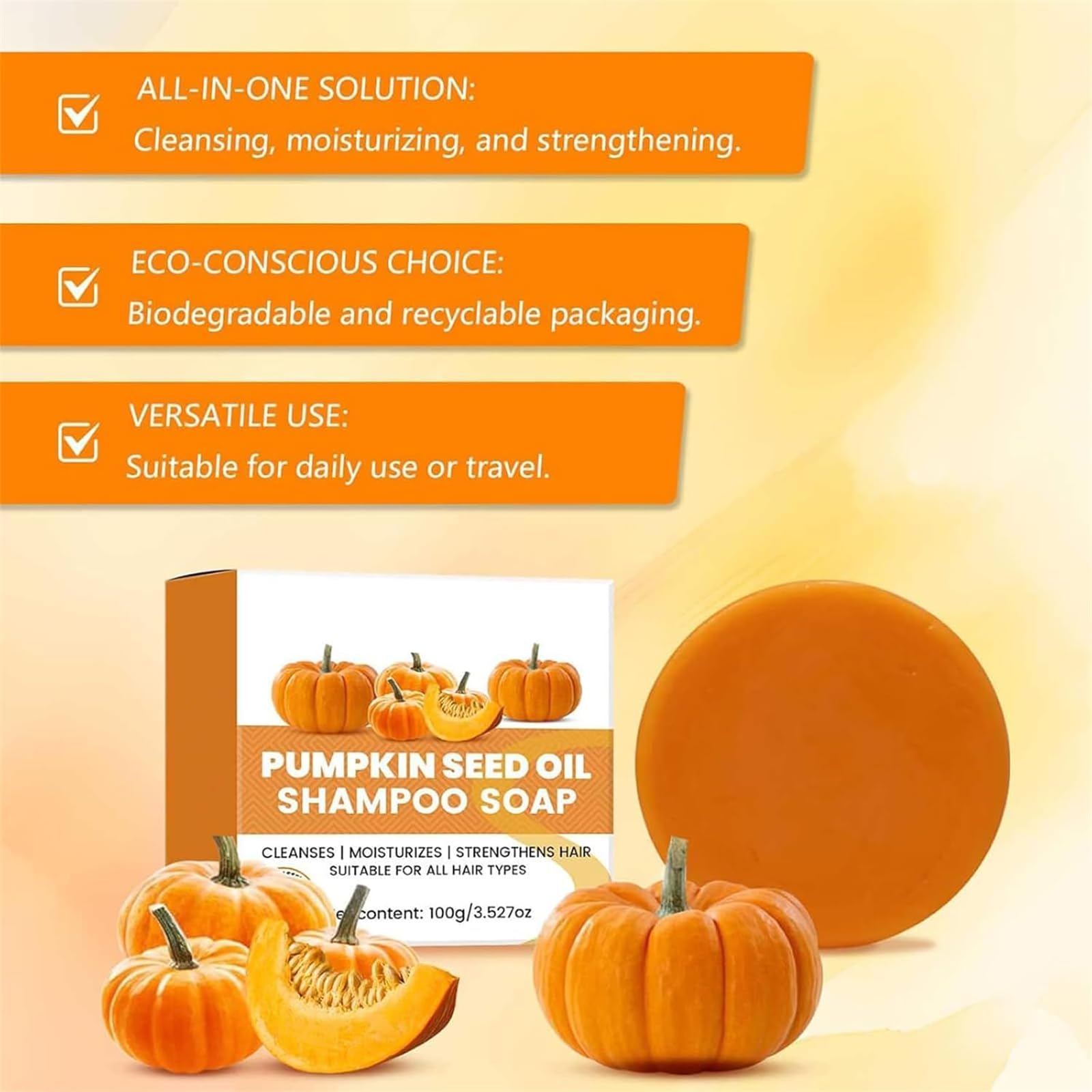 Pumpkin Seed Oil for Hair Growth Shampoo Soap, Pumpkin Seed Oil Shampoo Soap, Pumkin Shampoo Bar and Conditioner for Hair Nourishing and Strengthening (3Pcs)