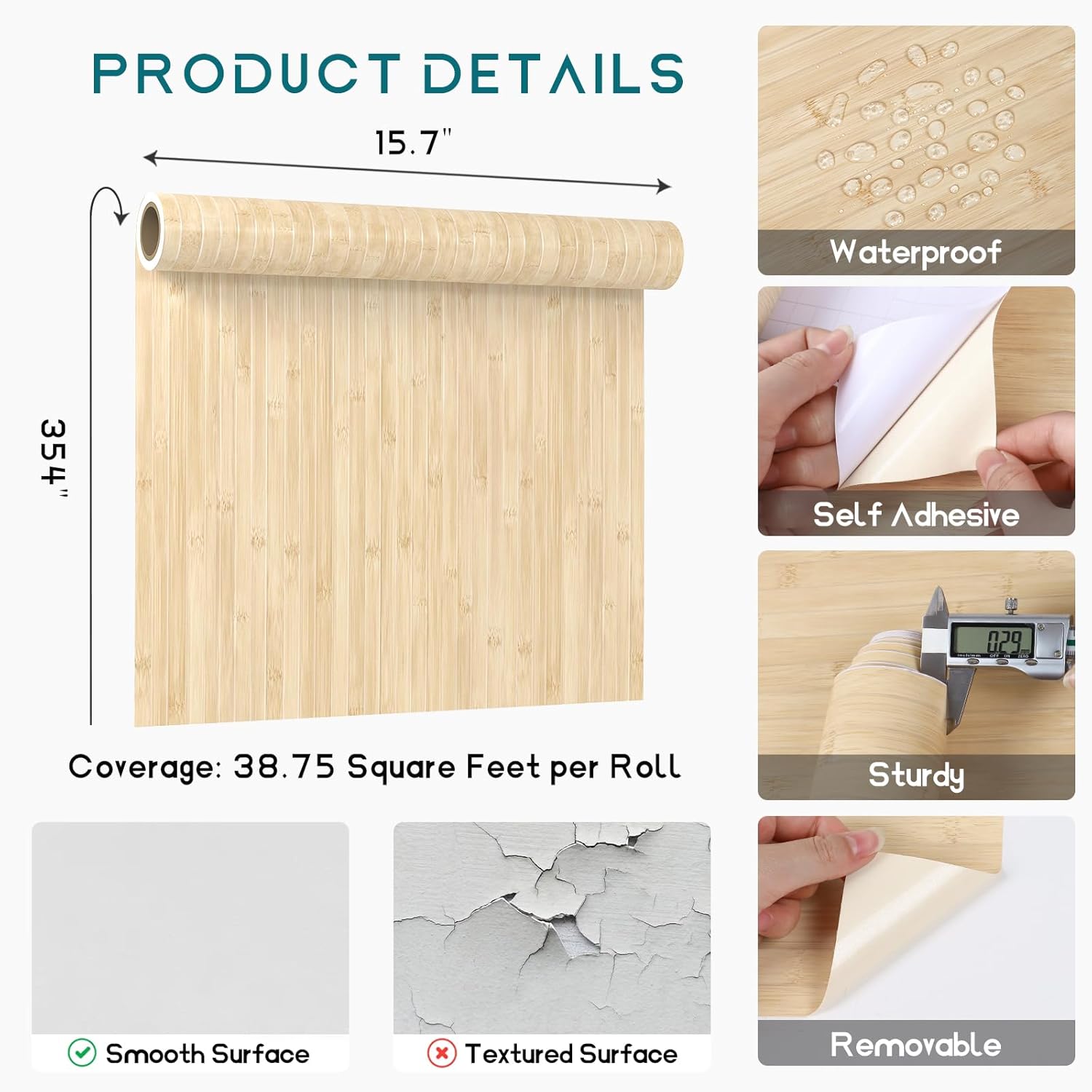 VEELIKE Light Bamboo Wood Contact Paper Peel and Stick Striped Wood Wallpaper for Bathroom Living Room 15.7''x354'' Waterproof Self Adhesive Wood Slat Contact Paper for Countertops Cabinets Walls