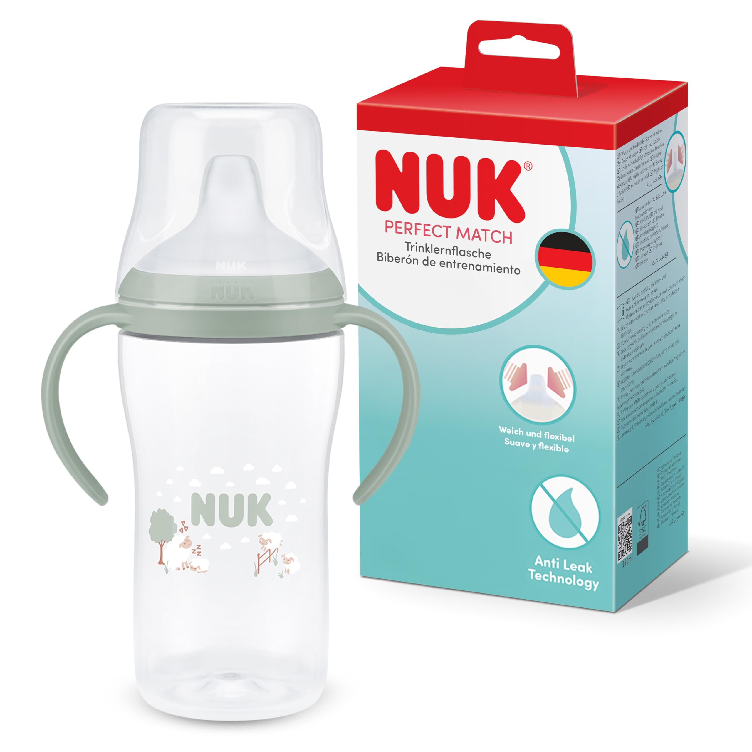 NUK Perfect Match Learner Bottle | 6+ Months | 260ml | Leak Proof Sippy Cup Toddler Bottle | Anti-Slip Handles | Sheep | 1 Count