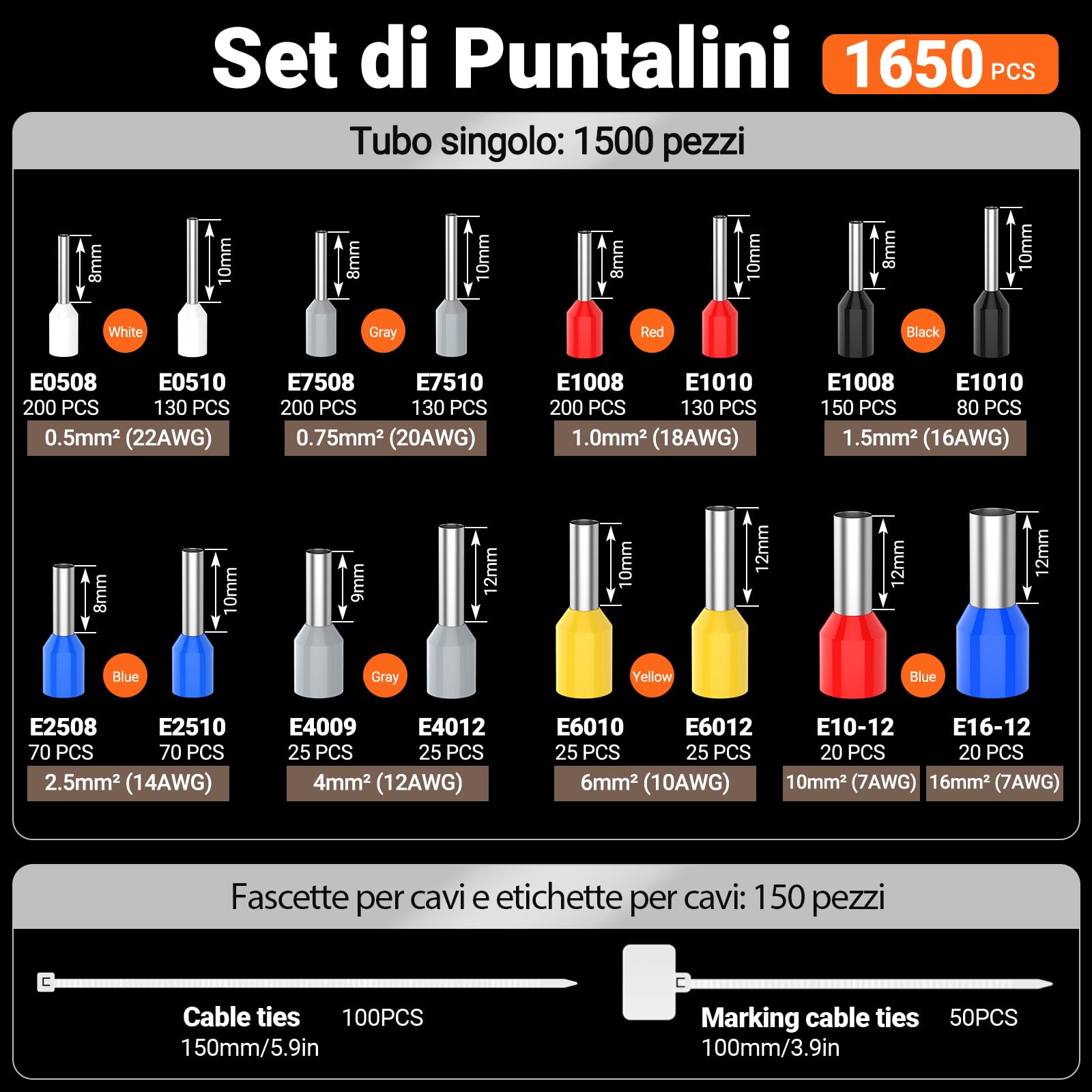 Preciva Pinza Crimpatrice per Puntalini Elettrici con Fascette e Etichette | Crimpatrice Capicorda AWG28-5 [0,08–16mm²], 1650 Pezzi Puntalini Elettrici, Attrezzi Elettricista per Casa e Industria