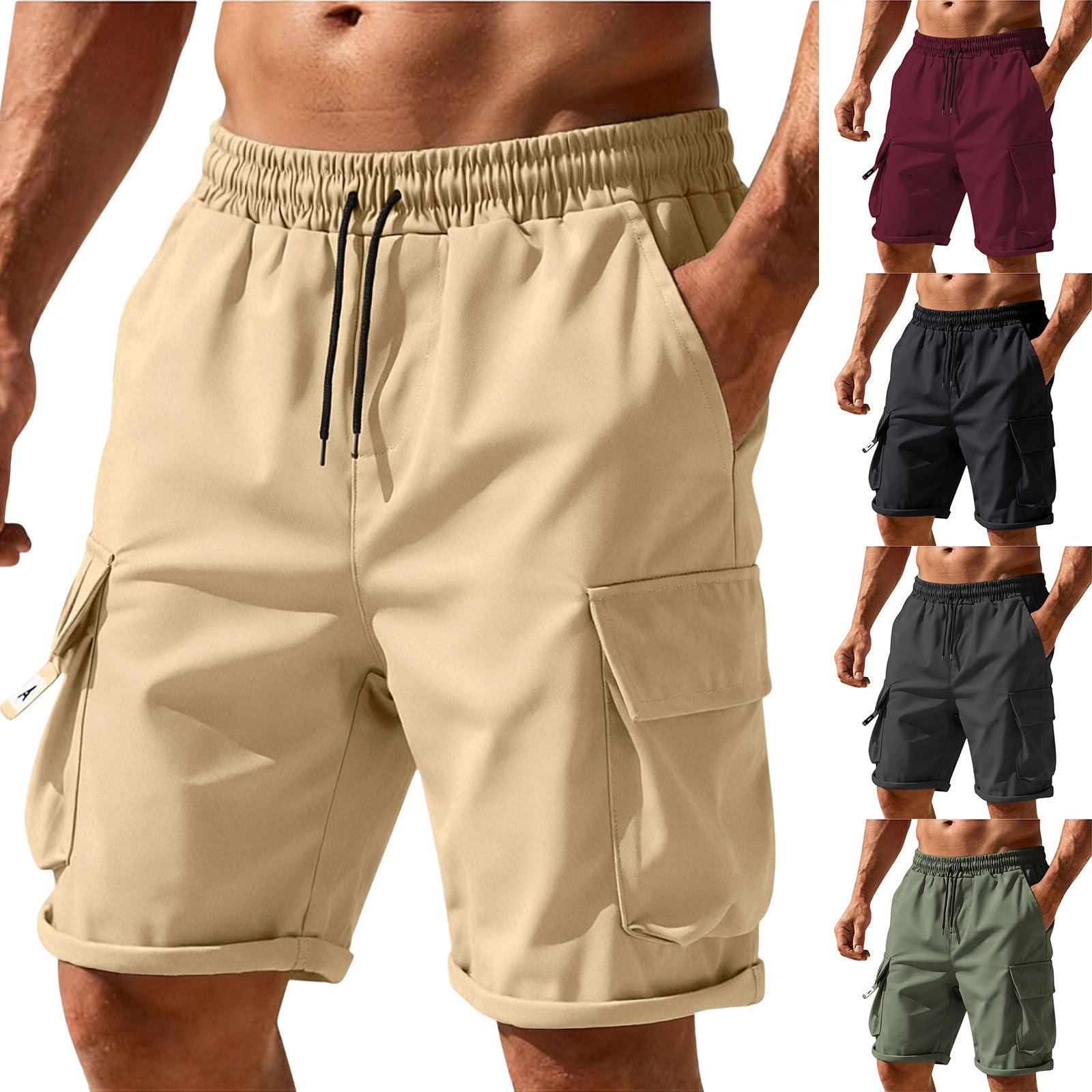 Pantaloncini cargo da uomo, elasticizzati, lunghezza al ginocchio, chino a