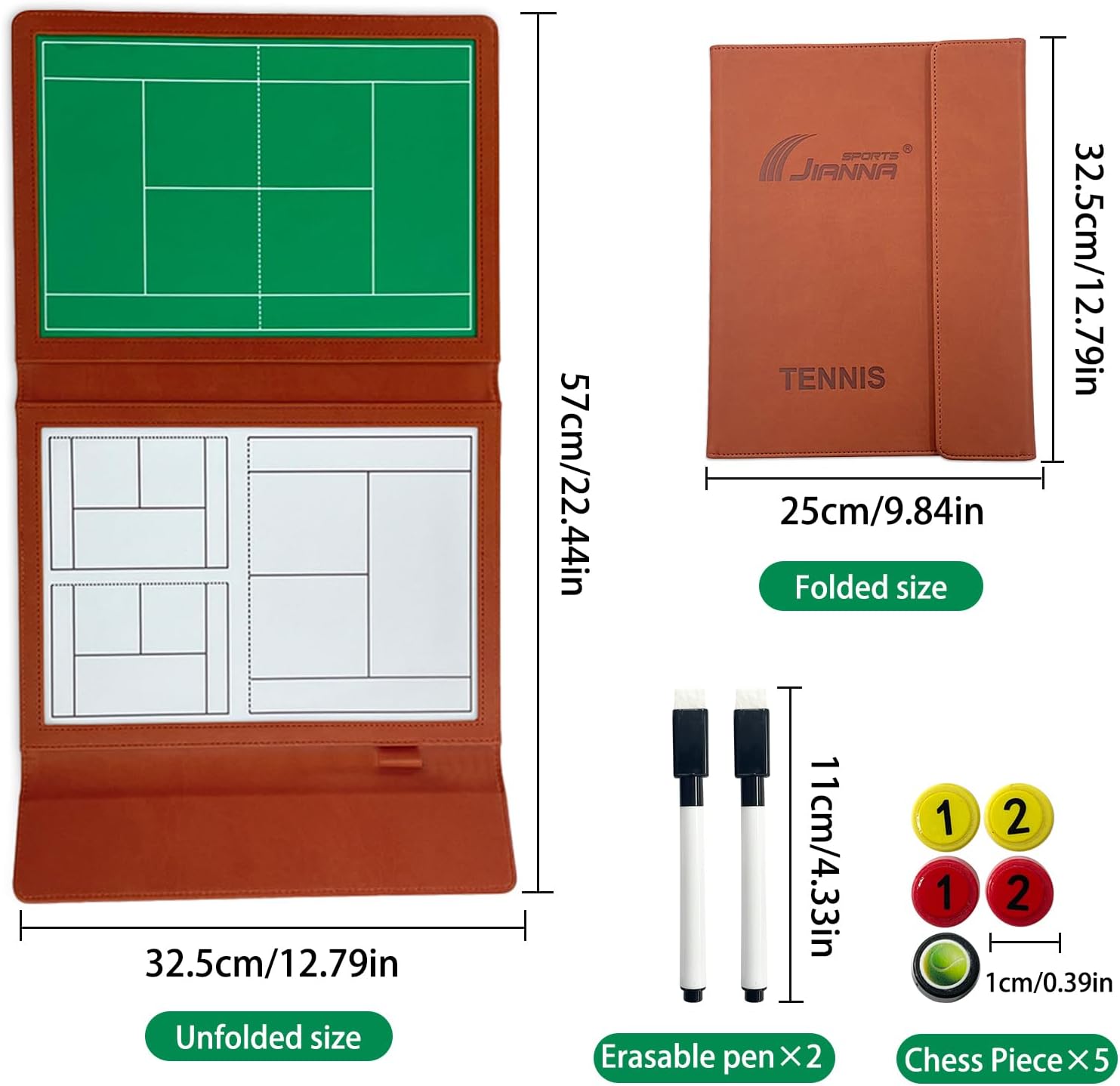 JIANNA Tennis Tactical Board Training Notebook Portable Three fold PU Leather Tactical Board with Pen Insertion Double Pen Court map Folding A5 Size Game Analysis Board