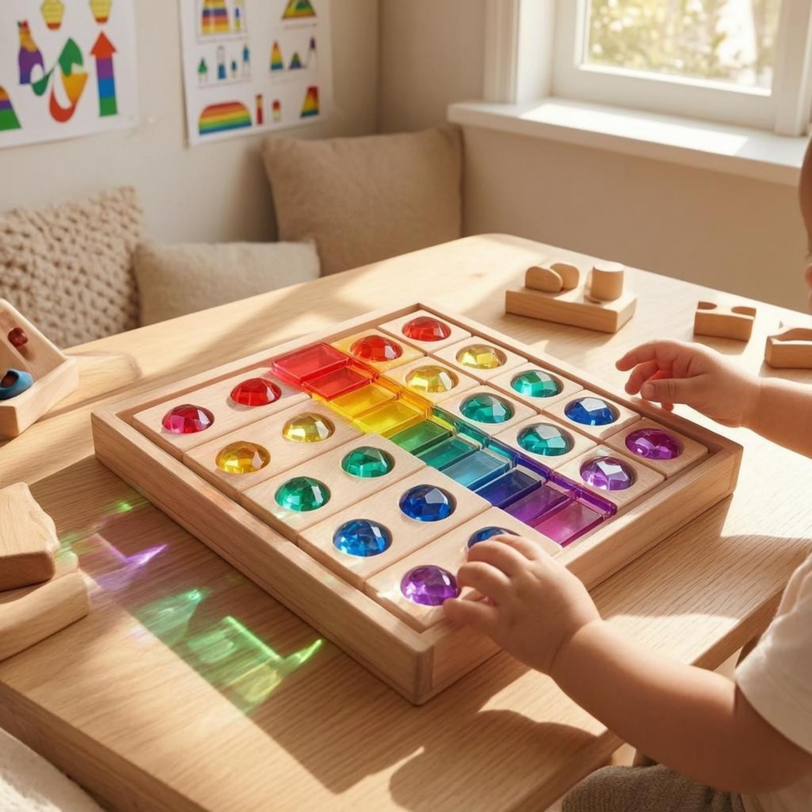 Sinnes-Stapelspiel transparent pädagogisch-Steckspiel farbig Regenbogen-Stapelspielzeug, Regenbogen-Edelsteine Und Holzblöcke Set 3