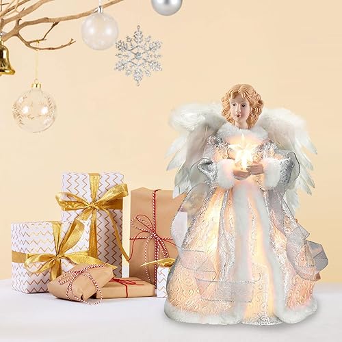 Miniatura 5 de Figura de ángel para árbol de Navidad, estrella LED para árbol de Navidad, 12.6 pulgadas, color marfil y dorado (plateado)
