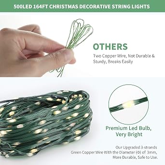 Tcamp 164FT 500 LED White Christmas Lights, 8 Modes Christmas Tree Lights with Timer Memory Function, Green Wire Starry Fairy String Light for Xmas Tree Outdoor Indoor Decor