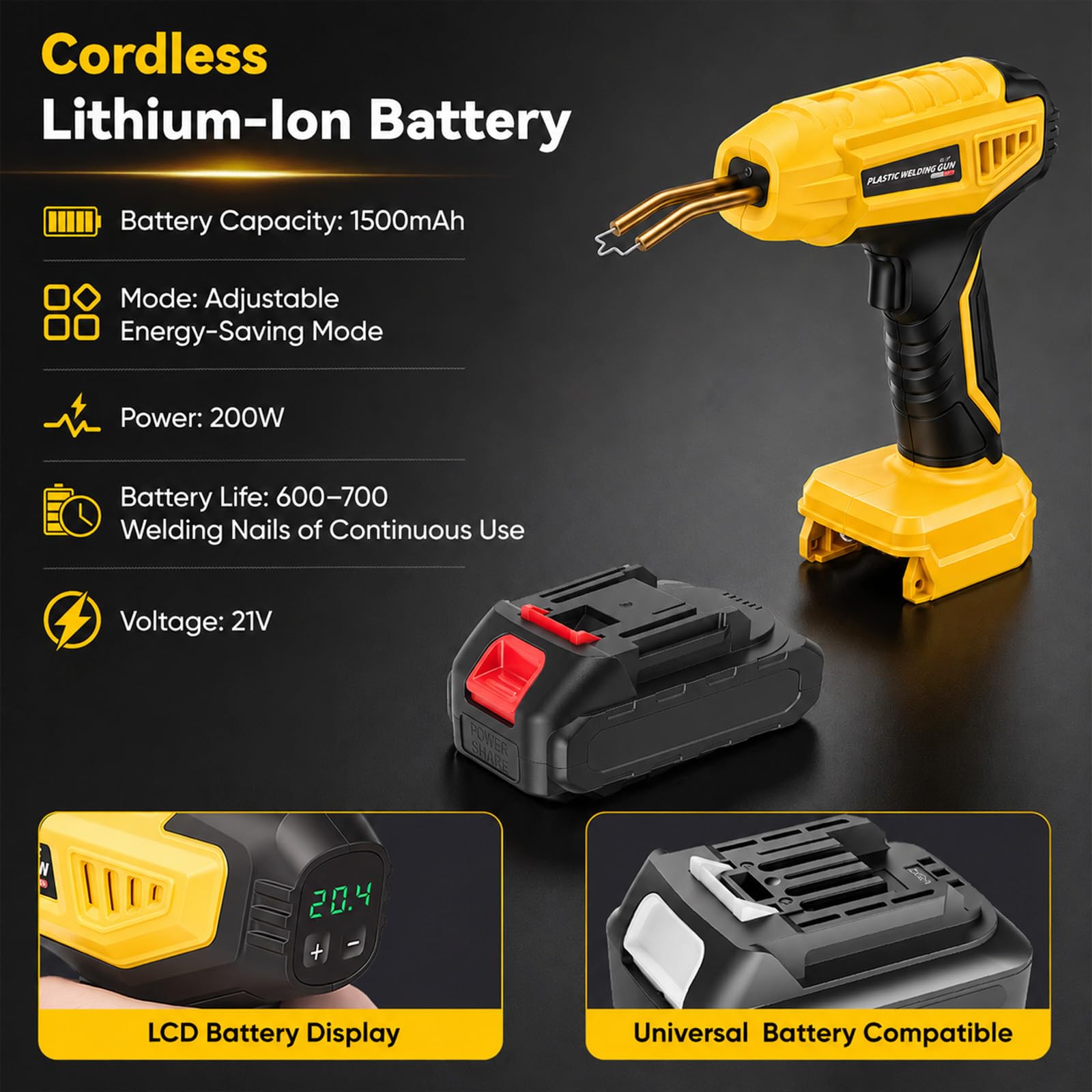 Kunststoff Schweißgerät,Akku Plastik Reparatur Set mit 1 * 1500mAH Battery Und 1200 Schweißnägel(6 Modelle),3 Austauschbare Aufsätze,für Auto Stoßstangen, Instandsetzung Kunststoffteilen（Gelb）