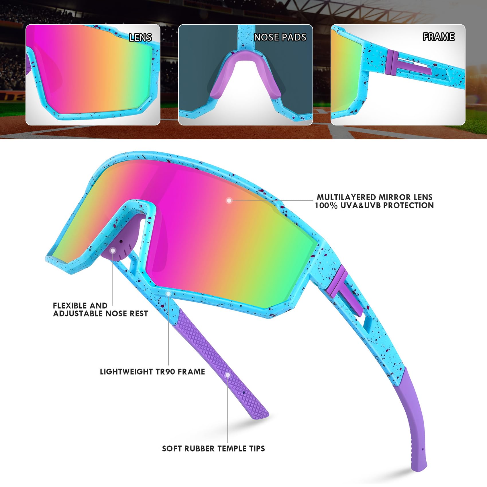 MVPTGRS Gafas de sol de béisbol para niños y niñas de 8 a 14 años, marco TR90, gafas de sol deportivas para sóftbol, ciclismo, béisbol y golf