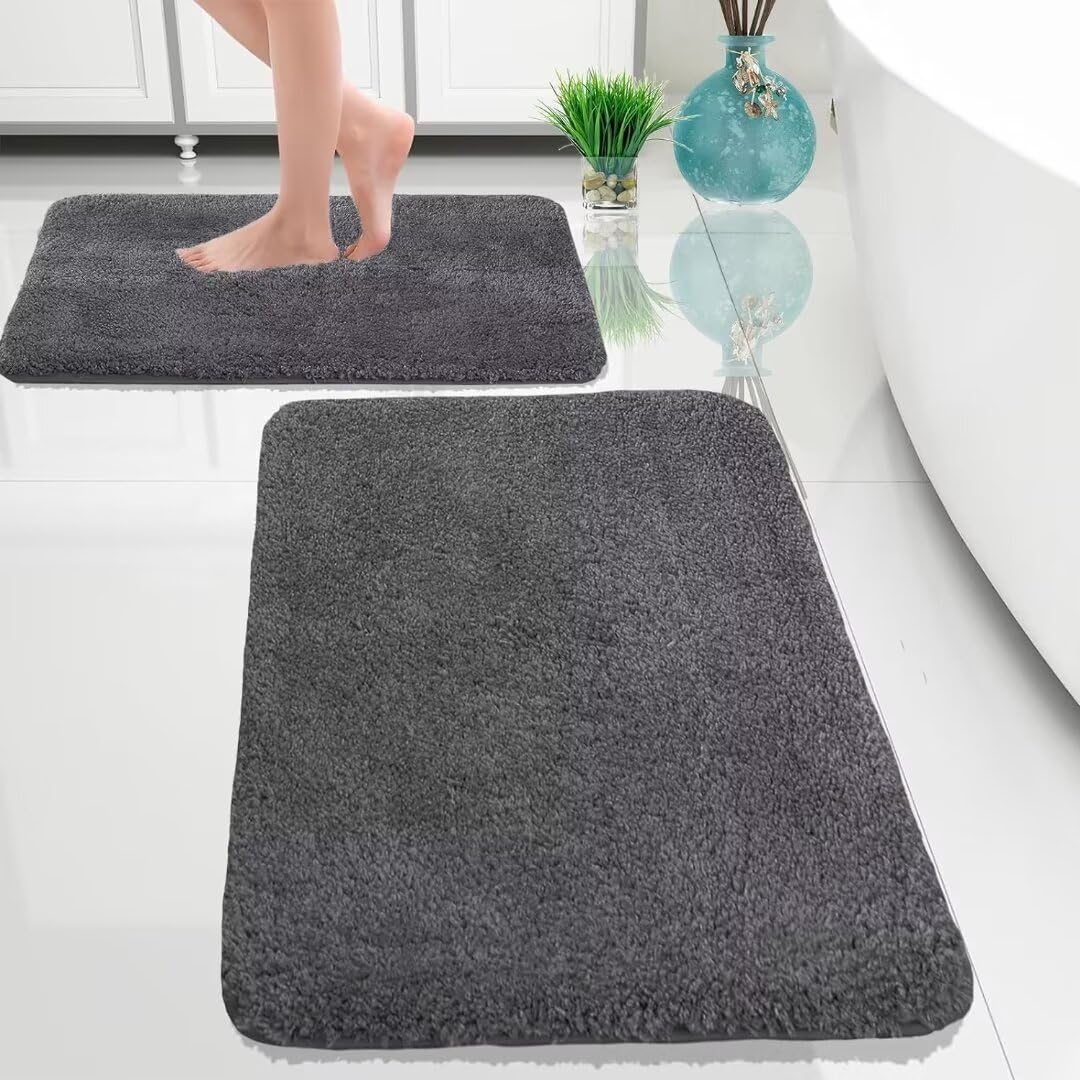 Set di 2 tappetini da bagno antiscivolo in microfibra, ultra morbidi, assorbenti, per bagno e doccia, lavabili (grigio scuro, 40 x 60 cm e 50 x 80 cm)