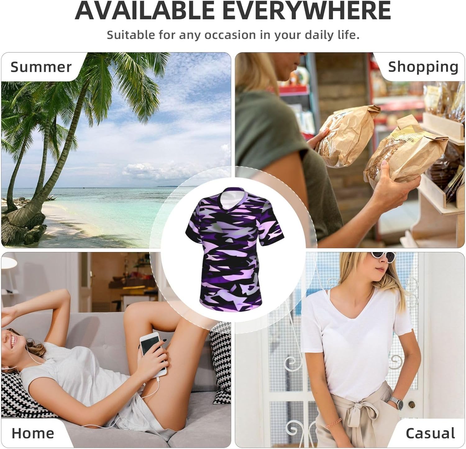 Women Casual American Camouflage Purple Print V-Neck T-Shirt Short Sleeve Summer Trendy Tops.
