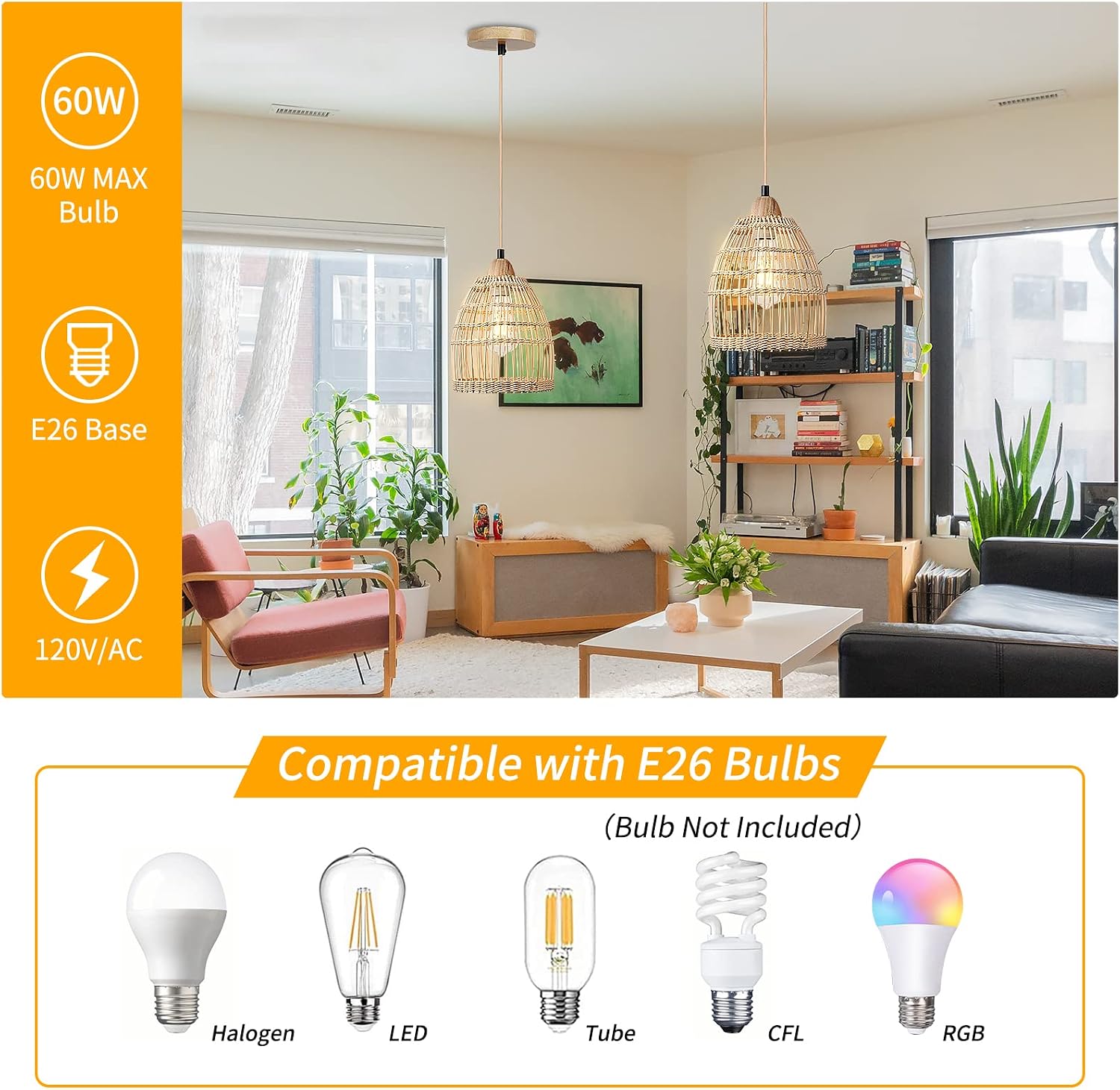 Image showing various E26 bulb types compatible with the FRIDEKO HOME Rattan Pendant Light Fixture, including Halogen, LED, Tube, CFL, and RGB bulbs. The image also indicates a maximum wattage of 60W and 120V/AC.