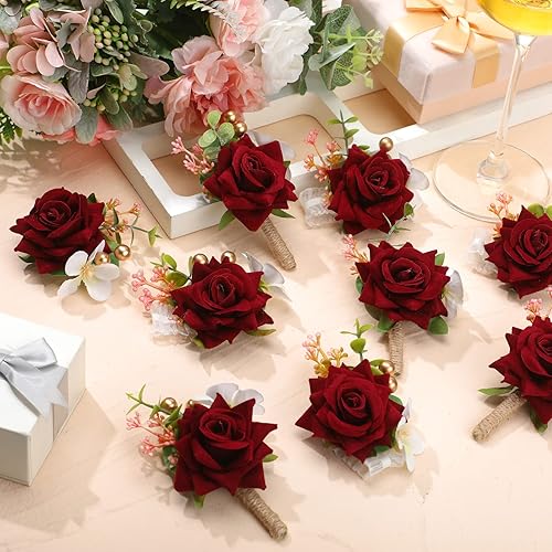 Miniatura 5 de Sherr Juego de 24 boutonniere burdeos para hombre, rosa roja vino con alfileres, traje de hombre ramillete novio y padrinos de boda, ojales de
