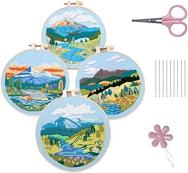 Avtytsda 4 Sets Embroidery Kit for Beginners Needlepoint Cross Stitch Kits Stitch Learning DIY Kit Landscape Patterns with Embroidery Hoop and Color Threads for Adults