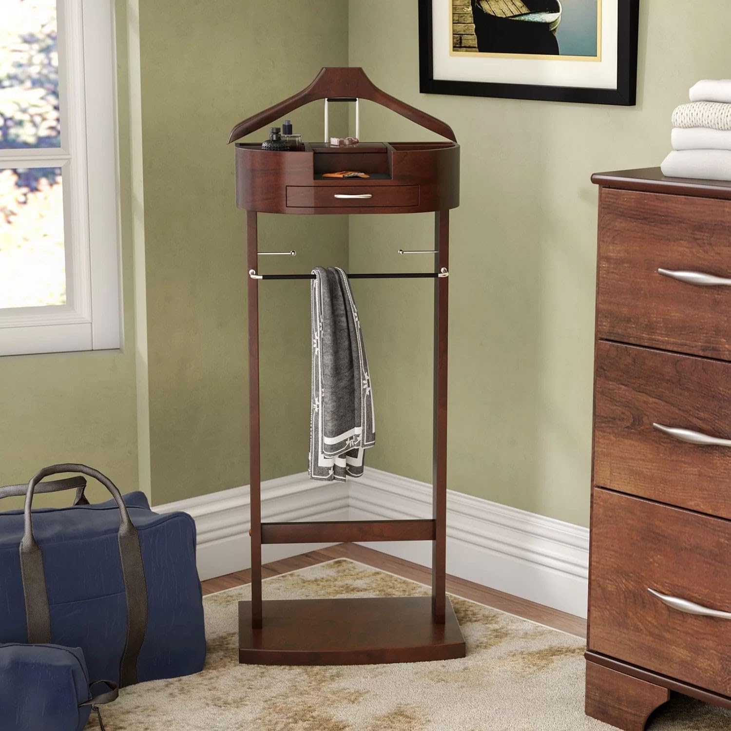 Clothes Valet Stand Floor Standing Suit Hanger Rack Wooden Crease-Free Suit Coat Stand Storage with Drawer and Solid Frame for Bathroom Office Bedroom H106.6 x W 34.2 x D 43.1cm