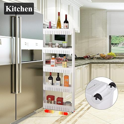 Miniatura 9 de Estante organizador móvil para lavandería con 5 grandes cestas de almacenamiento, diseño delgado ideal para espacios estrechos, PP, 4 niveles.