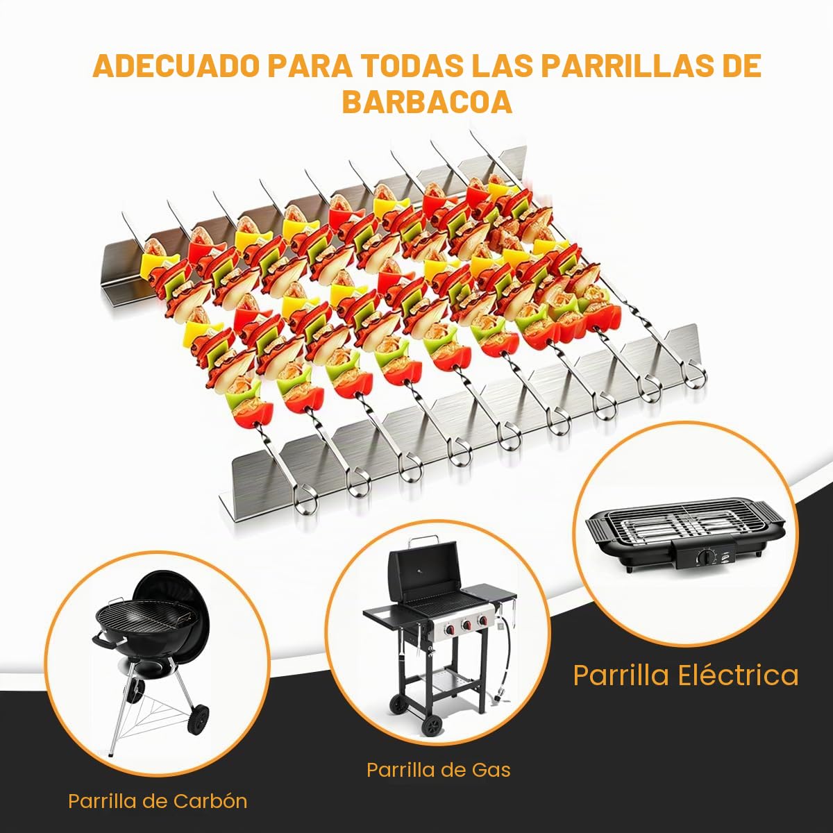 Juego de 30 Brochetas de Barbacoa de Acero Inoxidable de 40cm con 2 Soportes de 9 Posiciones, Pinchos para Barbacoa Reutilizables Planos, Accesorios para Barbacoa de Carbón o Gas