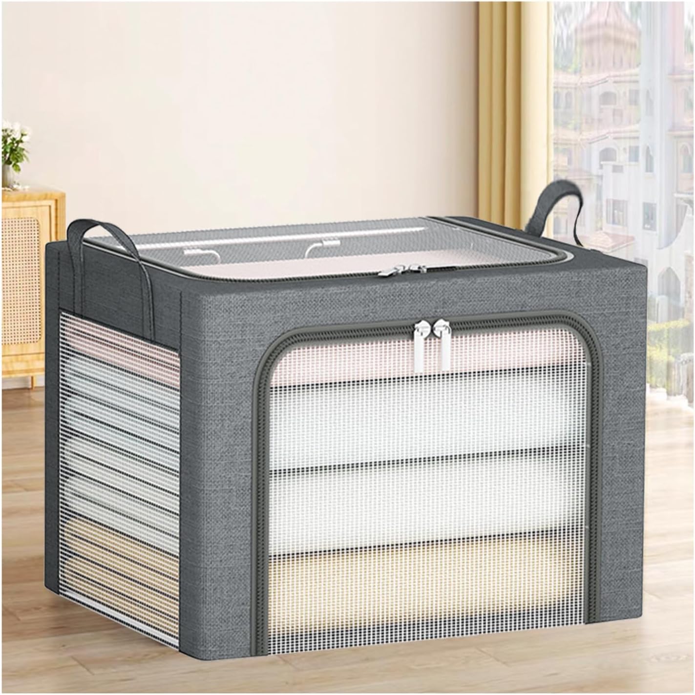 Clothes Storage, Foldable Blanket Storage Bags, Stackable Metal Frame Storage Containers, for Organizing, Clothing, Bed