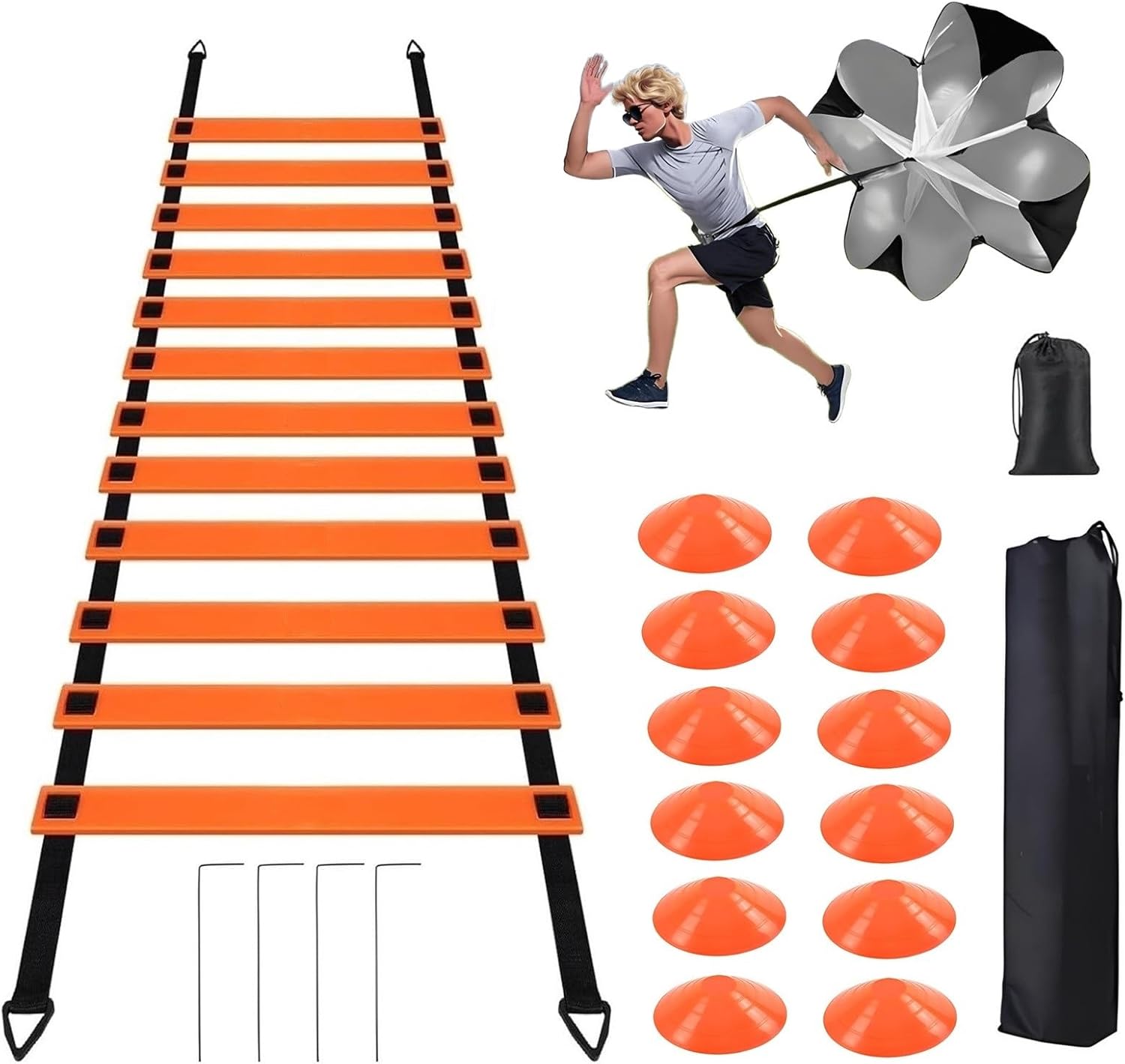 ANSLYQA 20 Pcs Agility Ladder Set,with 19FT Agility Ladder,Running Parachute,12 Soccer Cones for Basketball Football Soccer Boxing Sport Speed Training,