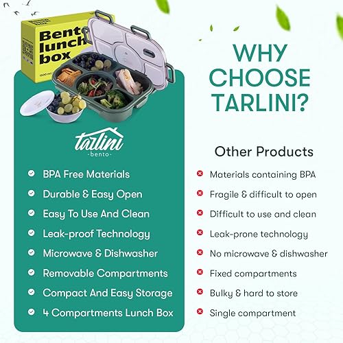 Miniatura 7 de Tarlini - Caja Bento verde para adultos, contenedor de 5 compartimentos con separadores para comidas equilibradas, caja Bento japonesa segura para