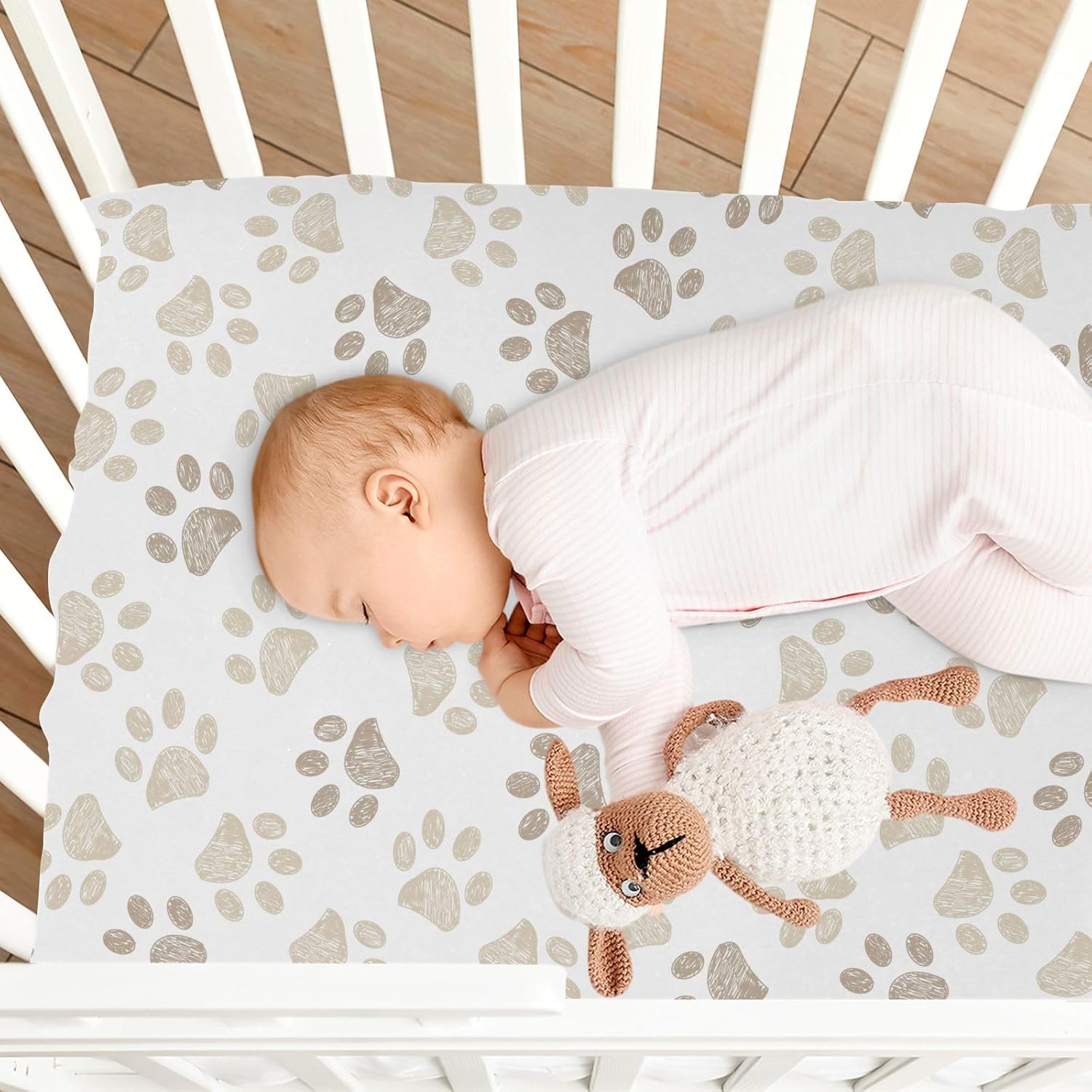 Fitted Crib Sheets Dog Puppy Footprints Stretchy Portable Playard Sheets for Baby Toddler, Breathable Soft Mini Crib Mattress 39 x 27 in for Boys and Girls