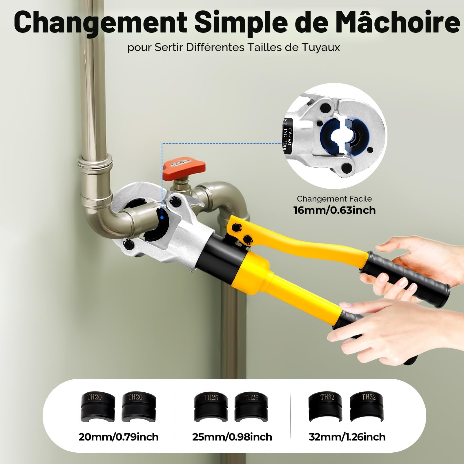 8 Tonnes Pince A Sertir, Pince À Sertir Multicouche, Pince A Sertir Per avec Matrices 16-32mm et Tête Pivotante 360°, Hydraulique, Sertisseuse Cuivre pour Tuyaux Alu-Plastique & PEX