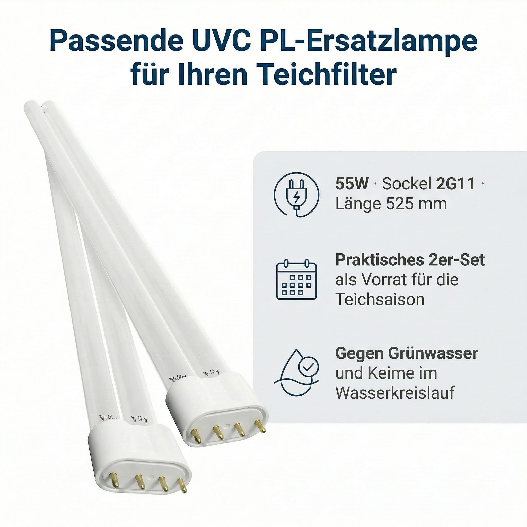 Pondlife 2x UVC PL Ersatzlampen 55W, Sockel 2G11, 525 mm, 2er-Set, hochreines Quarzglas (ca. 92% UV-C-Abgabe) für UVC-Teichklärer/Teichfilter, Ersatz-Leuchtmittel