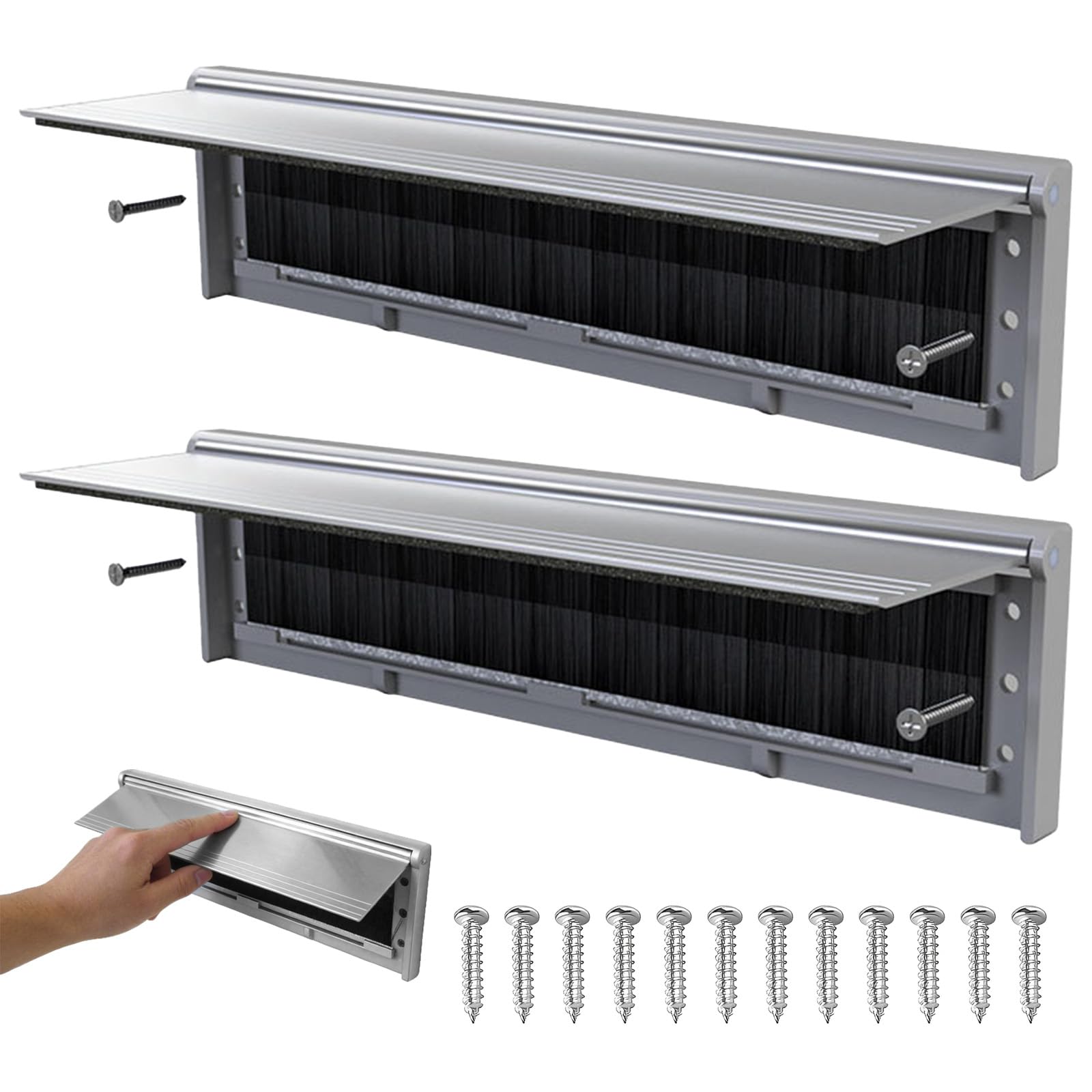 2 Sets Letter Box Flap, Letterbox Draught Excluder, Letterbox with Brushes & Flap, Letter Box Draught Excluder Internal for Wooden or UPVC Doors(Silver)